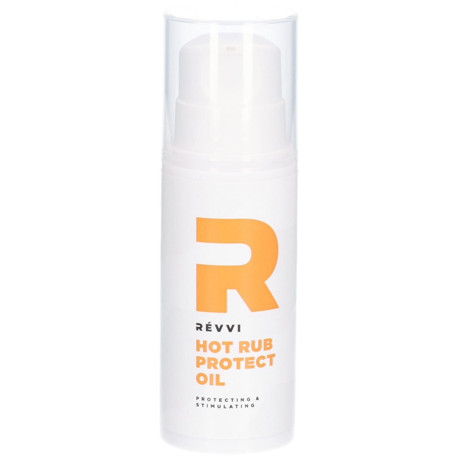 Flacon blanc avec logo "R" orange. Texte : RÉVVI, HOT RUB PROTECT OIL. Bouchon transparent.