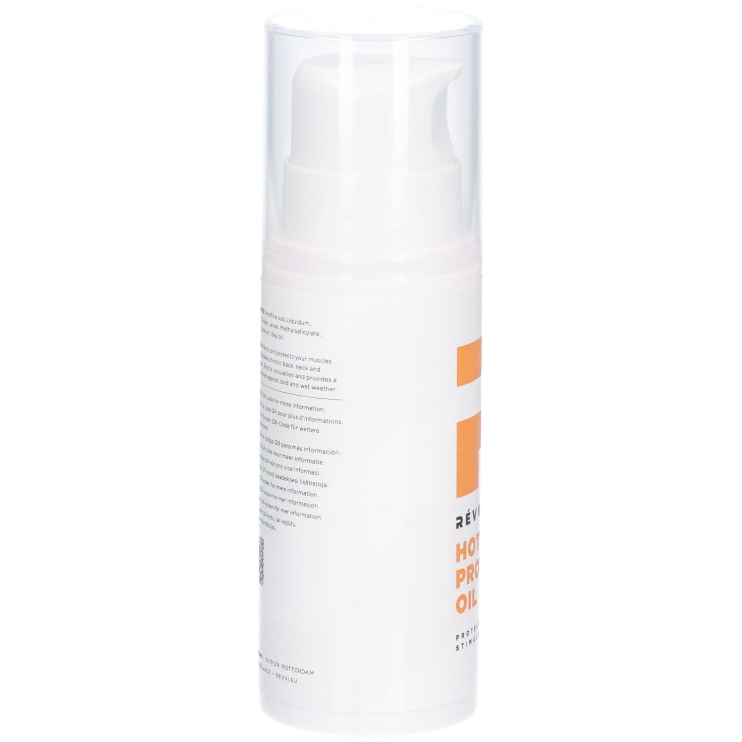 Flacon blanc avec texte au dos. Texte : informations, code QR, adresse du fabricant.