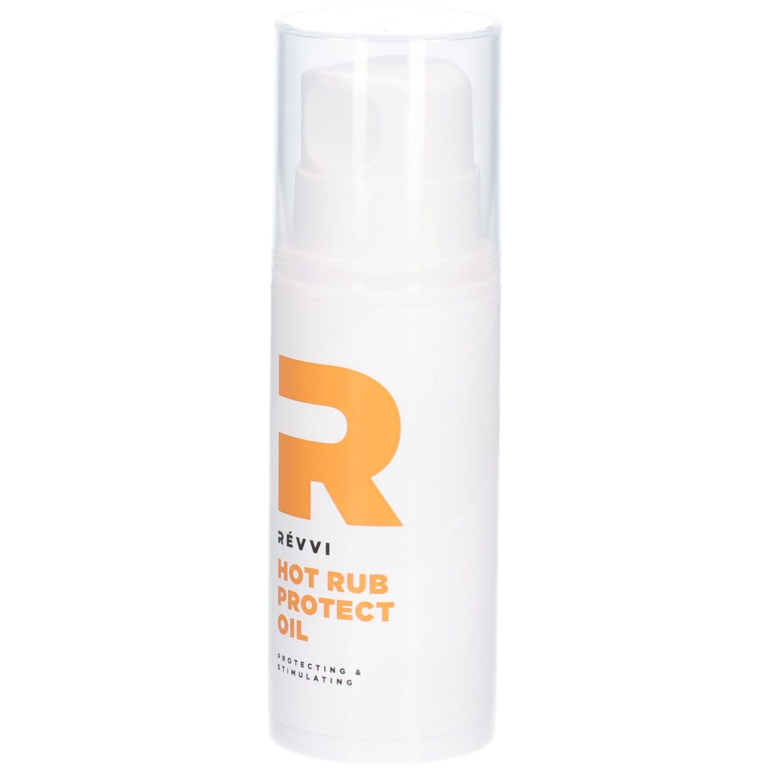 Flacon blanc avec logo "R" orange. Texte : RÉVVI, HOT RUB PROTECT OIL. Bouchon transparent.