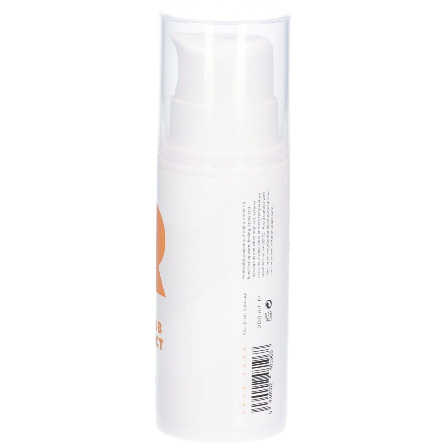 Flacon blanc avec texte au dos. Texte : informations, code QR, adresse du fabricant.