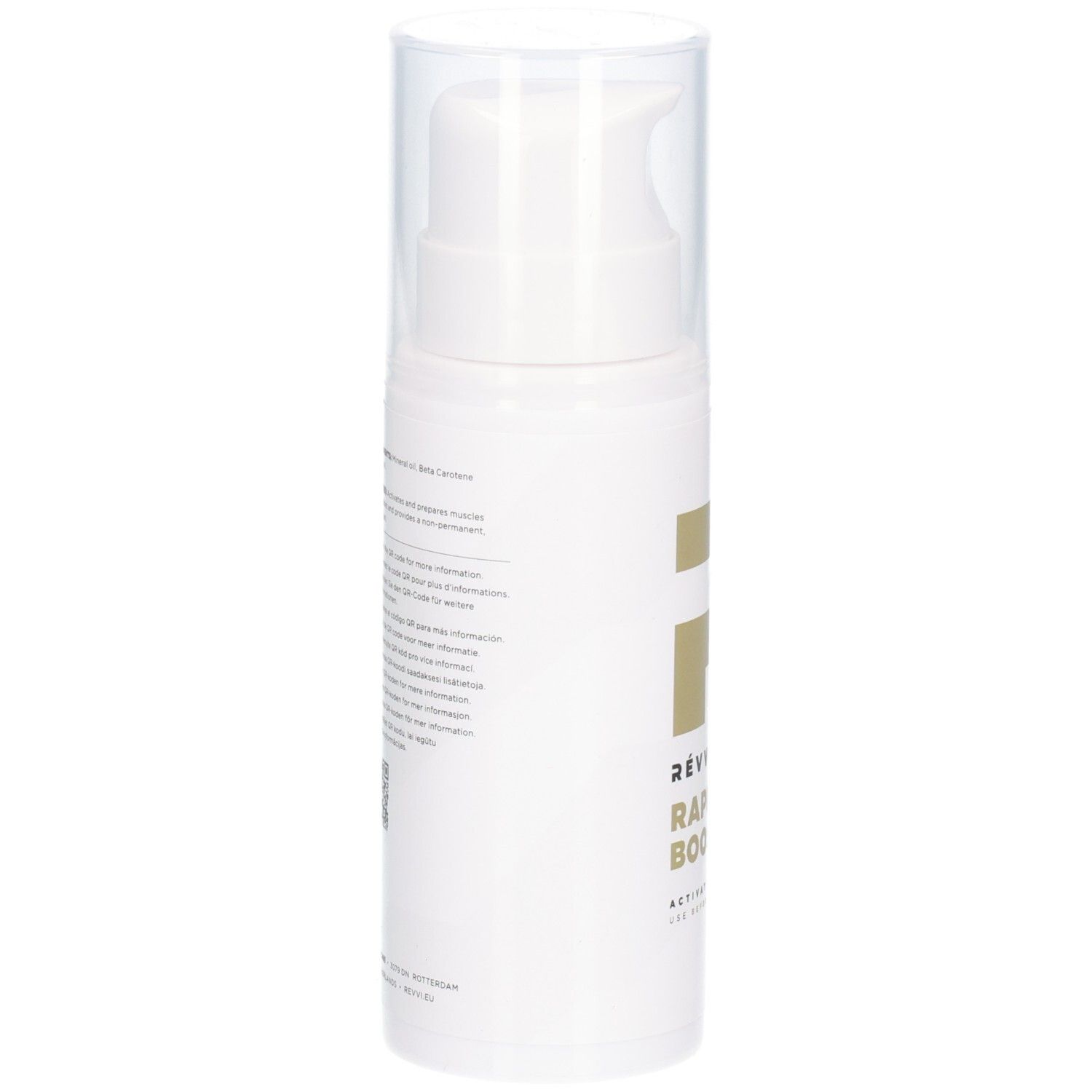 Flacon blanc avec texte. Contient des informations et des codes QR. Avec bouchon transparent.