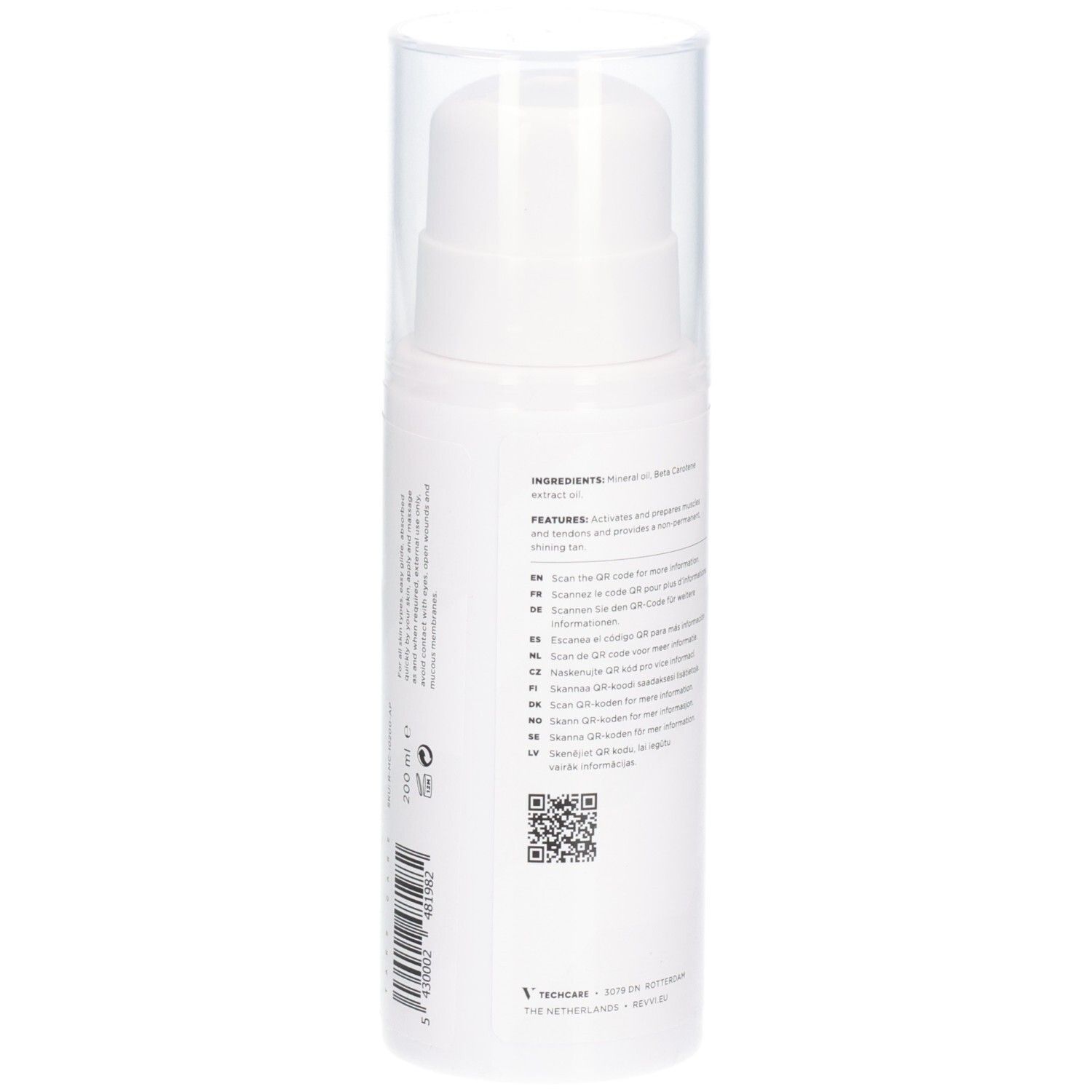 Flacon blanc avec texte et codes QR. Avec bouchon transparent.