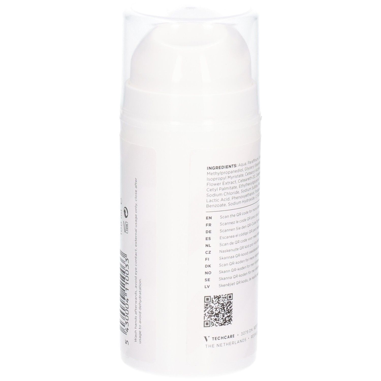 Dos du flacon blanc. Texte avec ingrédients et codes QR. Bouchon transparent. Marque RÉVVI.