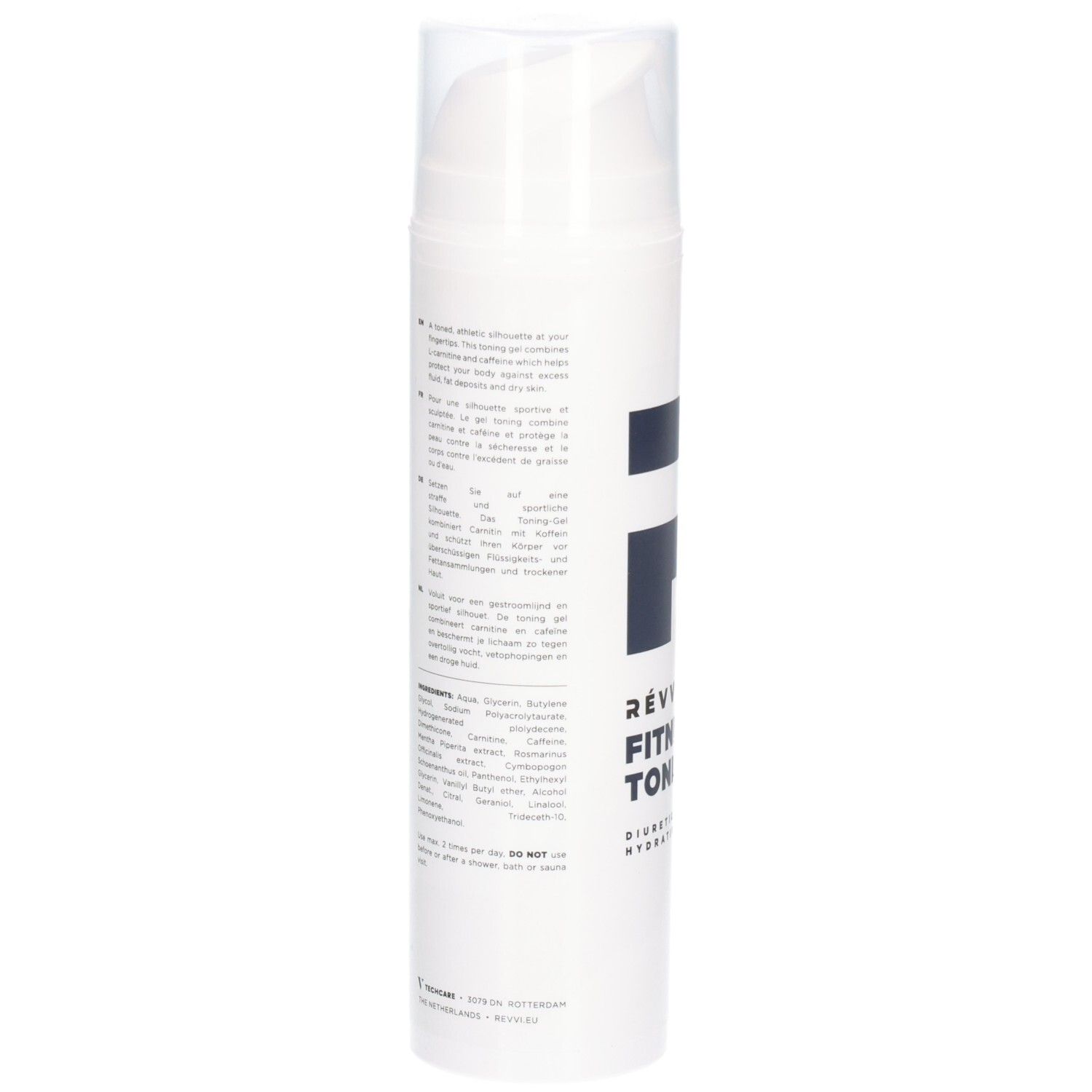 Dos du flacon blanc avec texte. Contient ingrédients et instructions. Avec bouchon transparent.