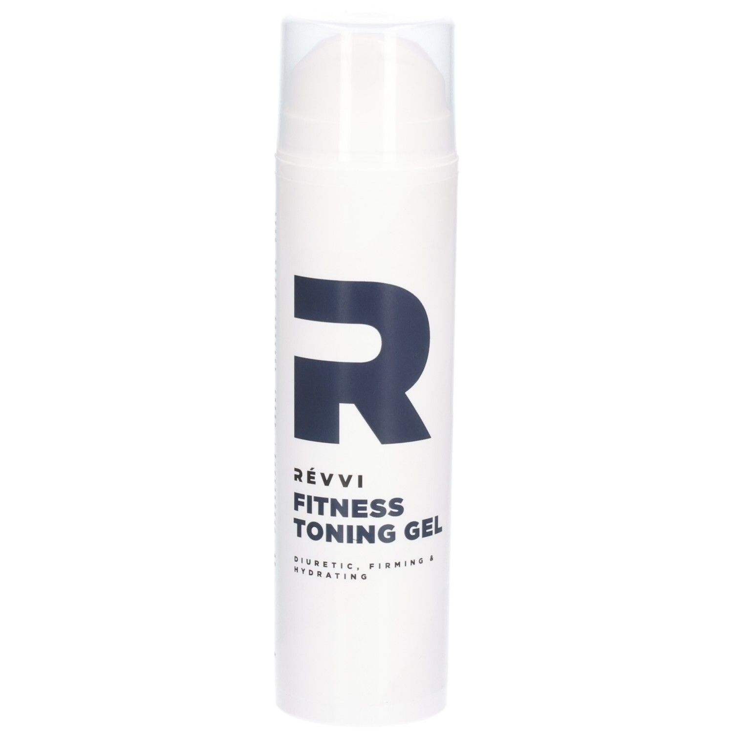 Flacon blanc avec "R" bleu et texte: RÉVVI Fitness Toning Gel. Diurétique, raffermissant & hydratant.