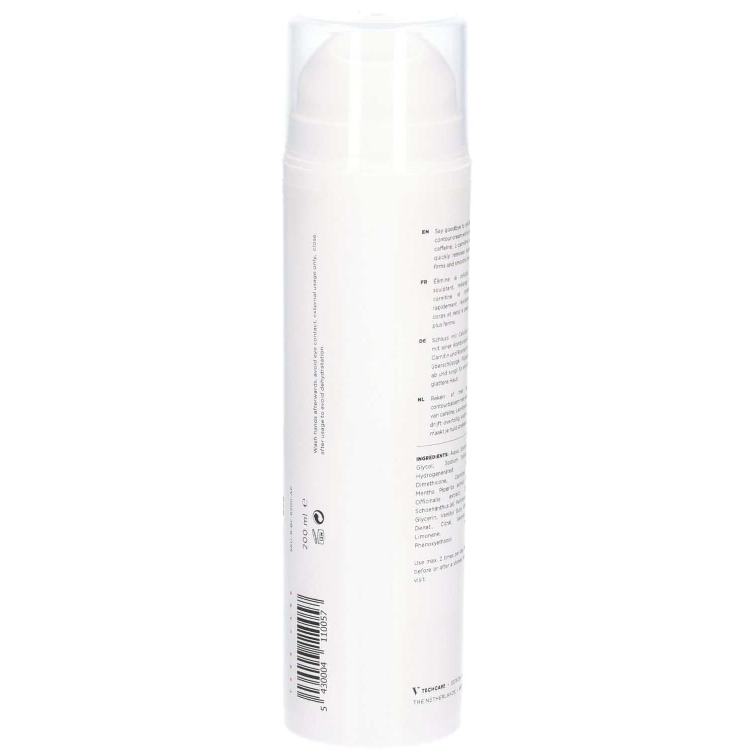 Flacon blanc avec texte. Contient RÉVVI Anti-Cellulite Contour Balm. Texte: Mode d'emploi, ingrédients, informations fabricant.