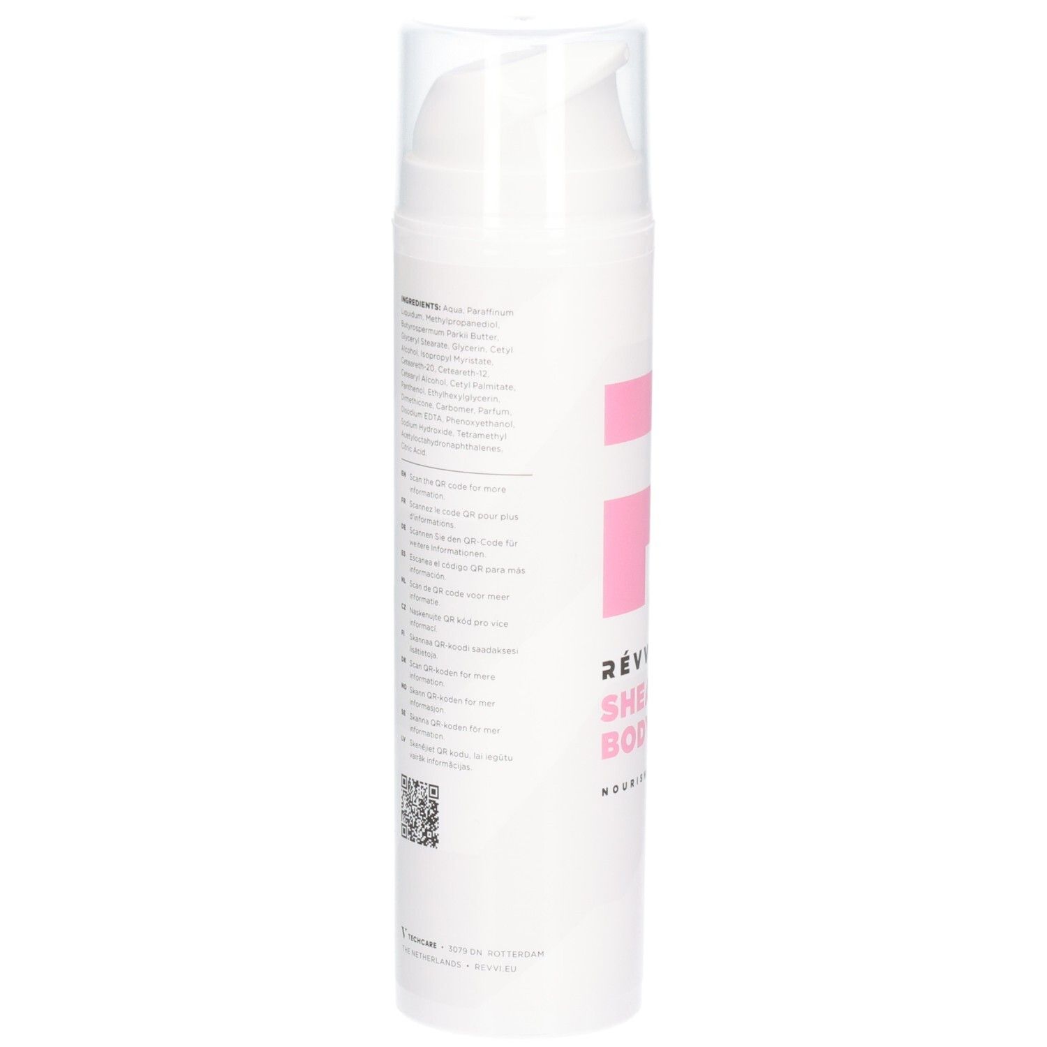 Dos du flacon pompe blanc. Texte : ingrédients, instructions d'utilisation, code QR. Avec bouchon transparent.