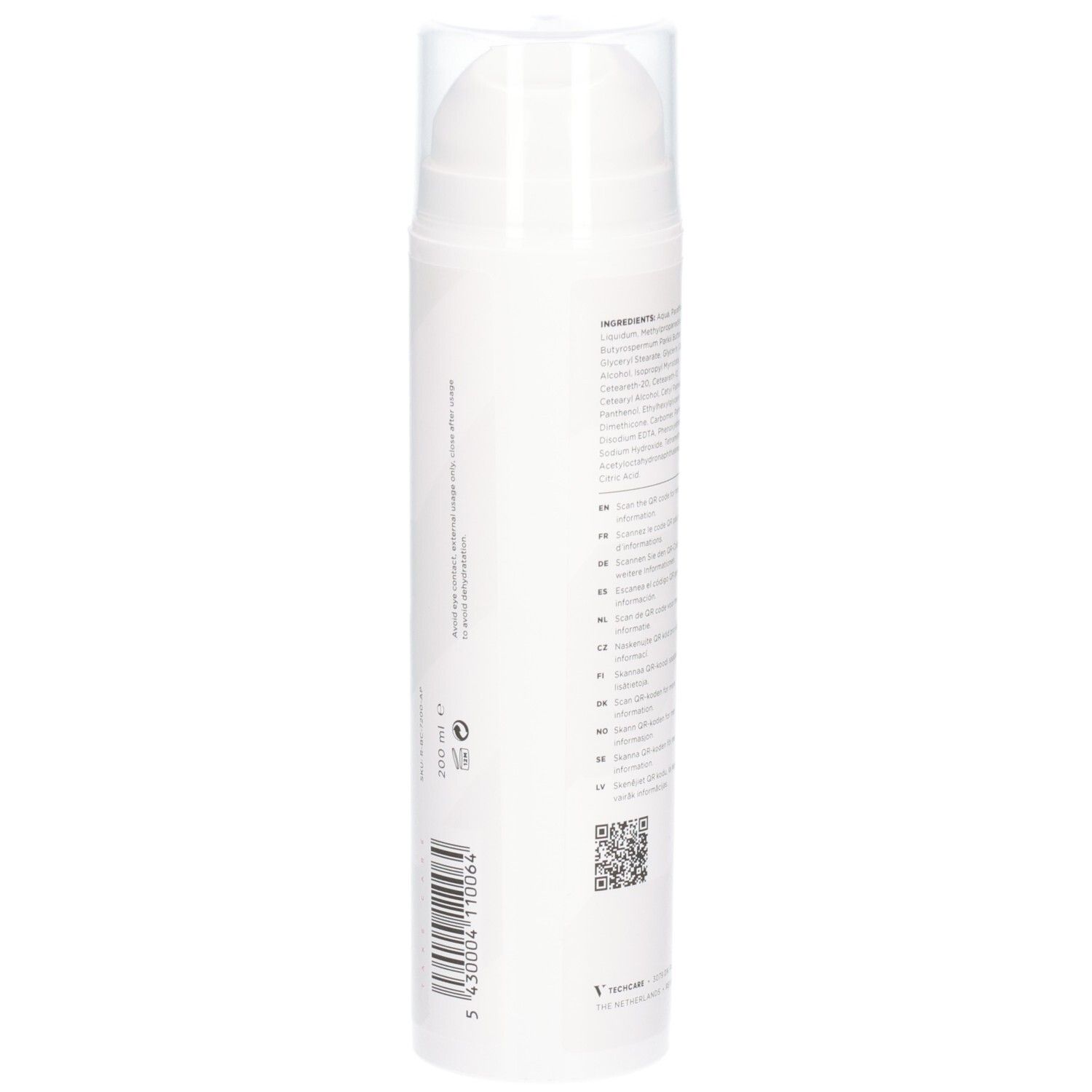 Dos du flacon pompe blanc. Texte : ingrédients, instructions d'utilisation, code QR. Avec bouchon transparent.