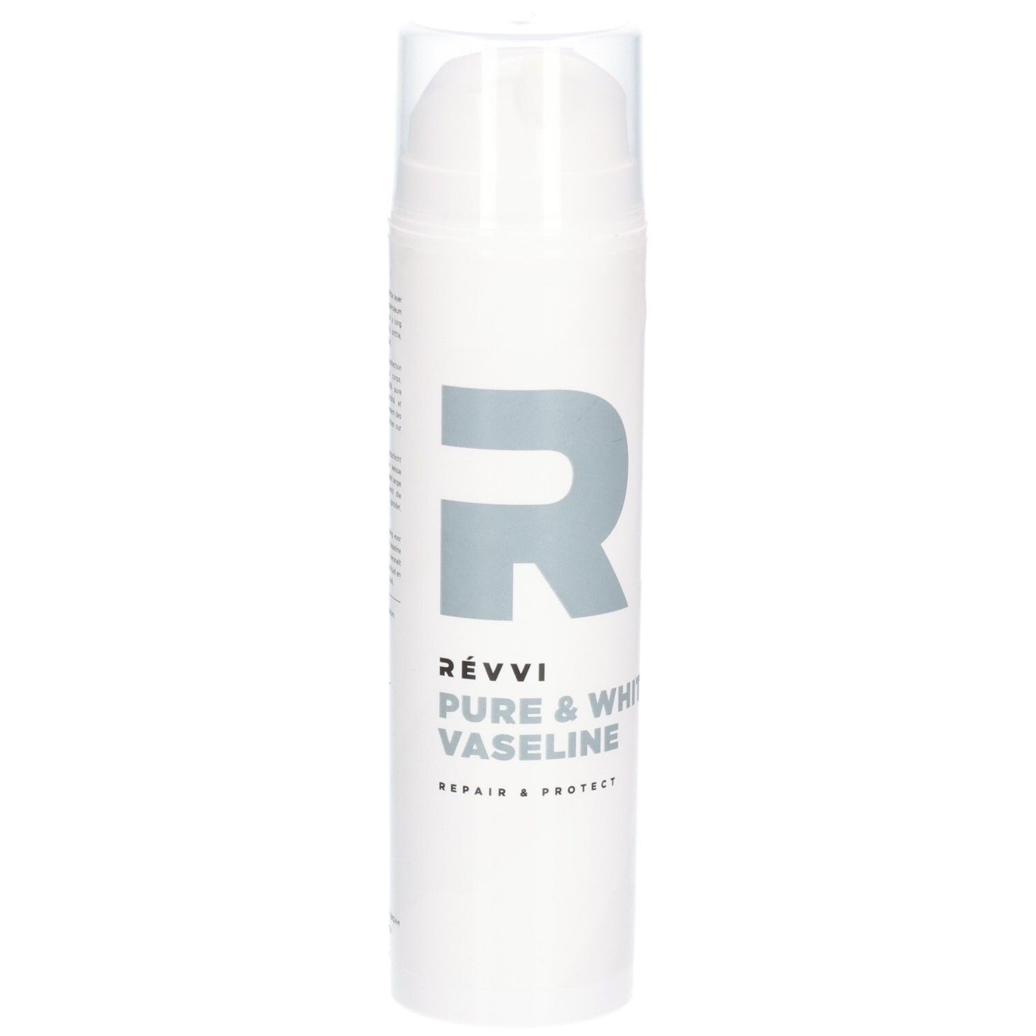 Flacon blanc avec pompe. Inscription : RÉVVI Pure & White Vaseline. Logo gris.
