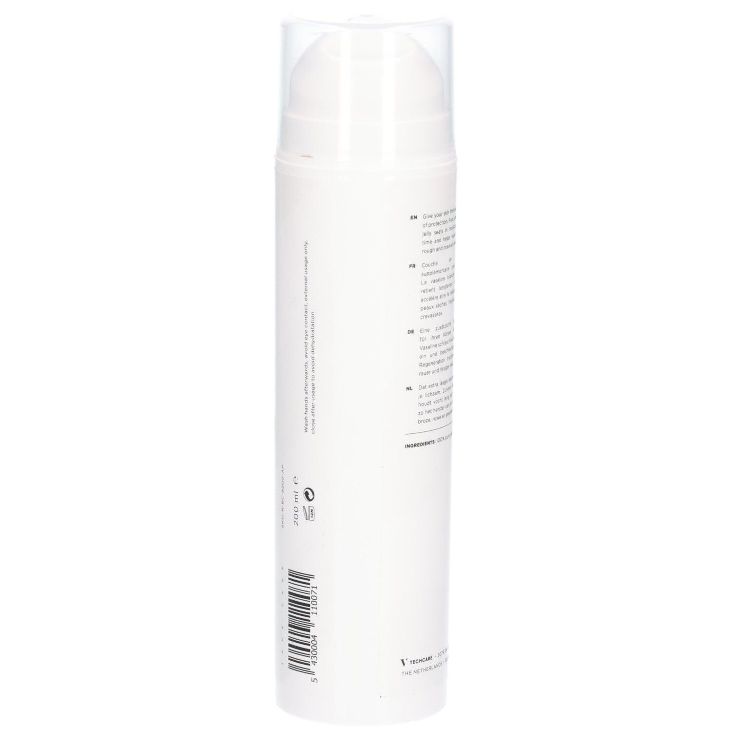 Flacon blanc avec pompe. Texte au dos. RÉVVI Pure & White Vaseline.