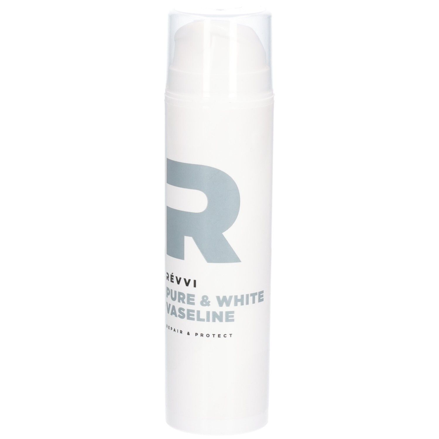 Flacon blanc avec pompe. Inscription : RÉVVI Pure & White Vaseline. Logo gris.