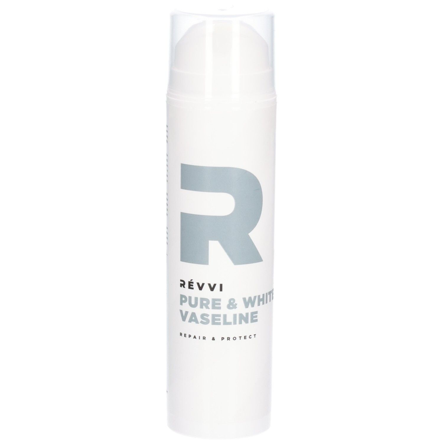 Flacon blanc avec pompe. Inscription : RÉVVI Pure & White Vaseline. Logo gris.