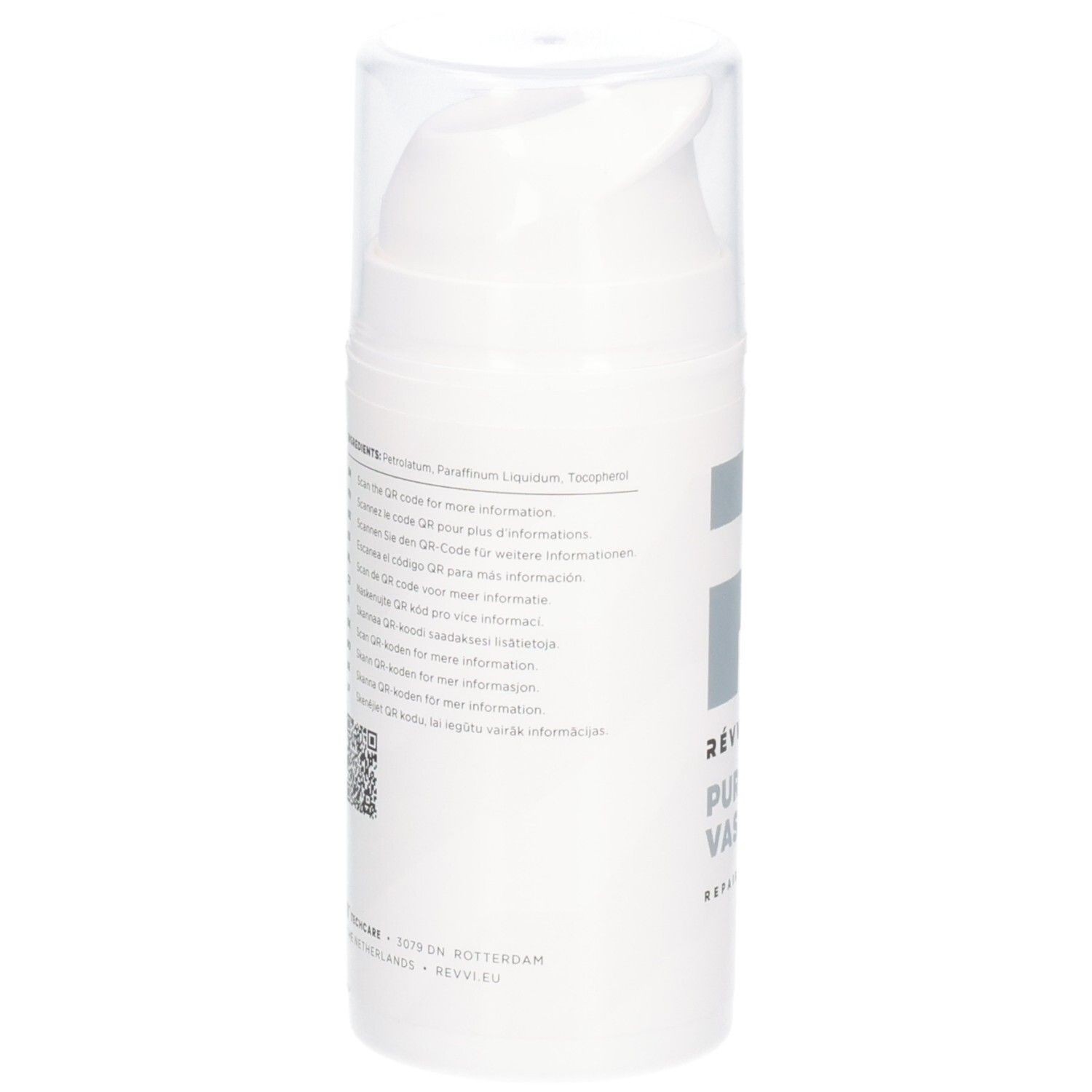 Dos du flacon RÉVVI Pure & White Vaseline. Texte multilingue, code QR.