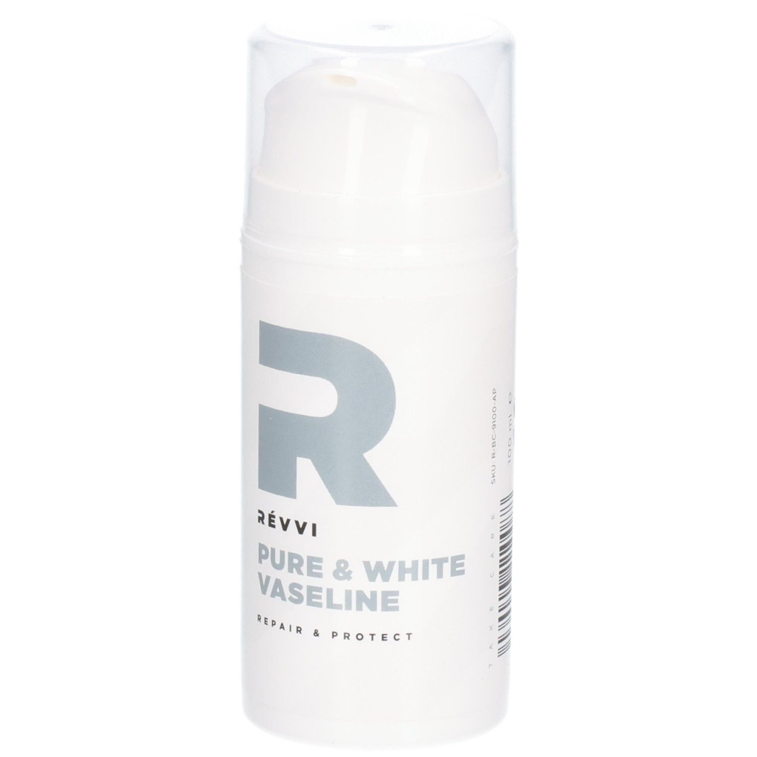 RÉVVI Pure & White Vaseline. Flacon blanc avec pompe. Inscription grise et grand 'R'.
