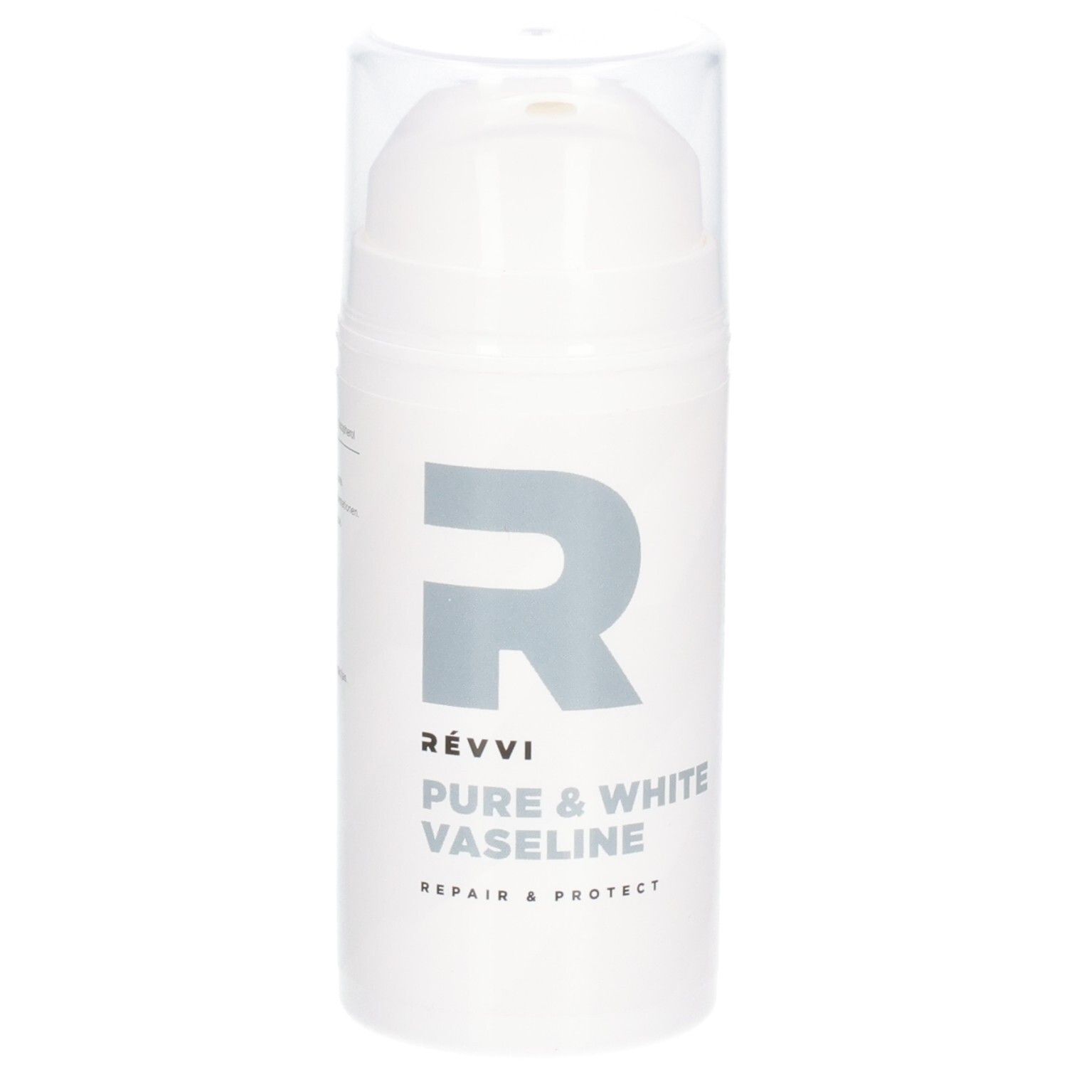 RÉVVI Pure & White Vaseline. Flacon blanc avec pompe. Inscription grise et grand 'R'.