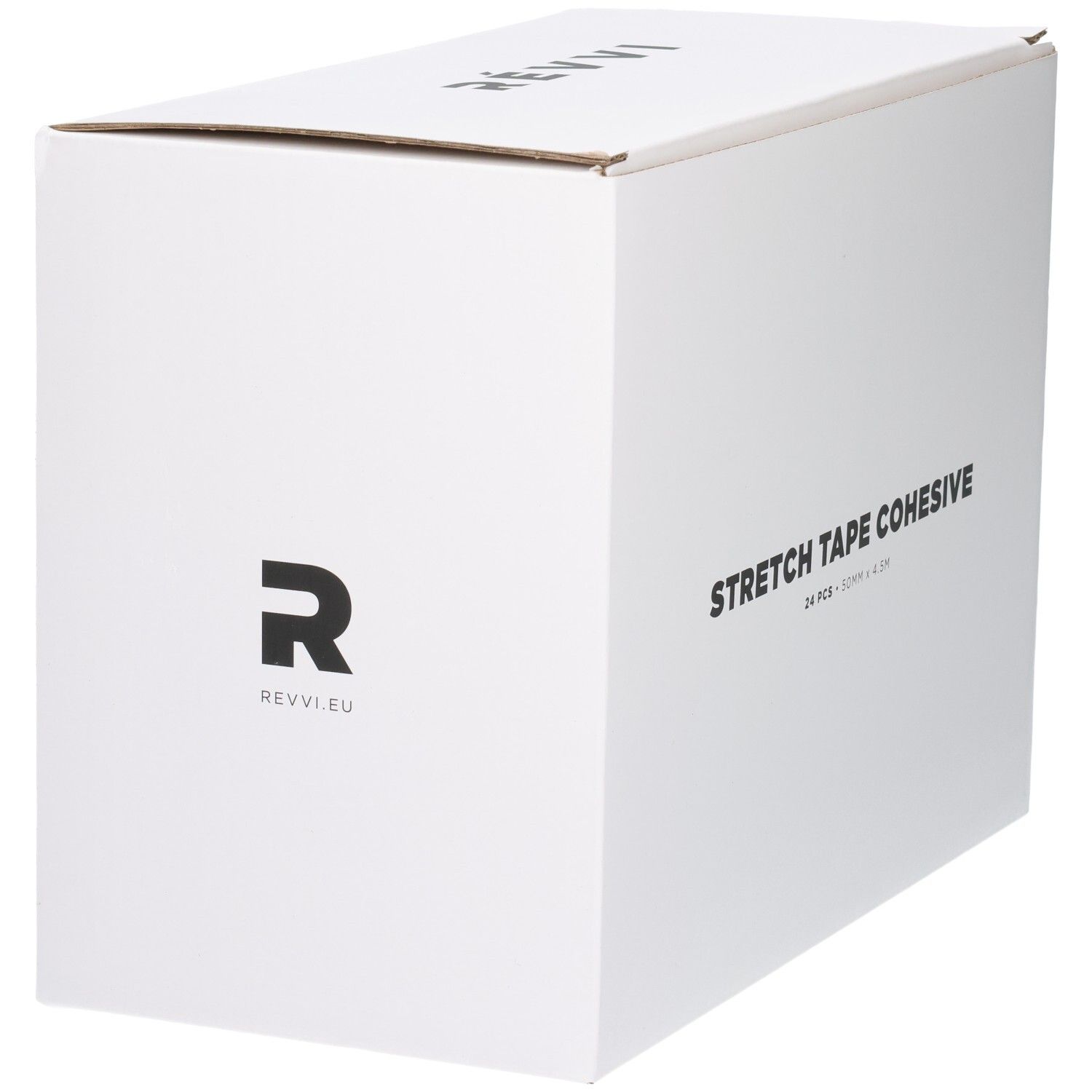 Boîte blanche avec logo noir 'R' et 'REVVI.EU'. Sur le côté : STRETCH TAPE COHESIVE.