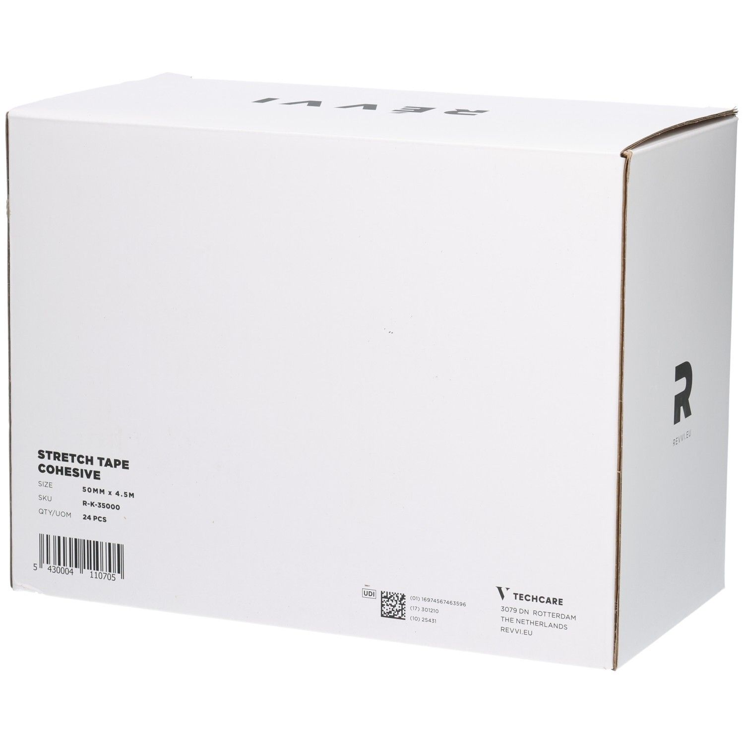 Arrière d'une boîte blanche avec informations produit : STRETCH TAPE COHESIVE, 50MM X 4.5M, 24 PCS.