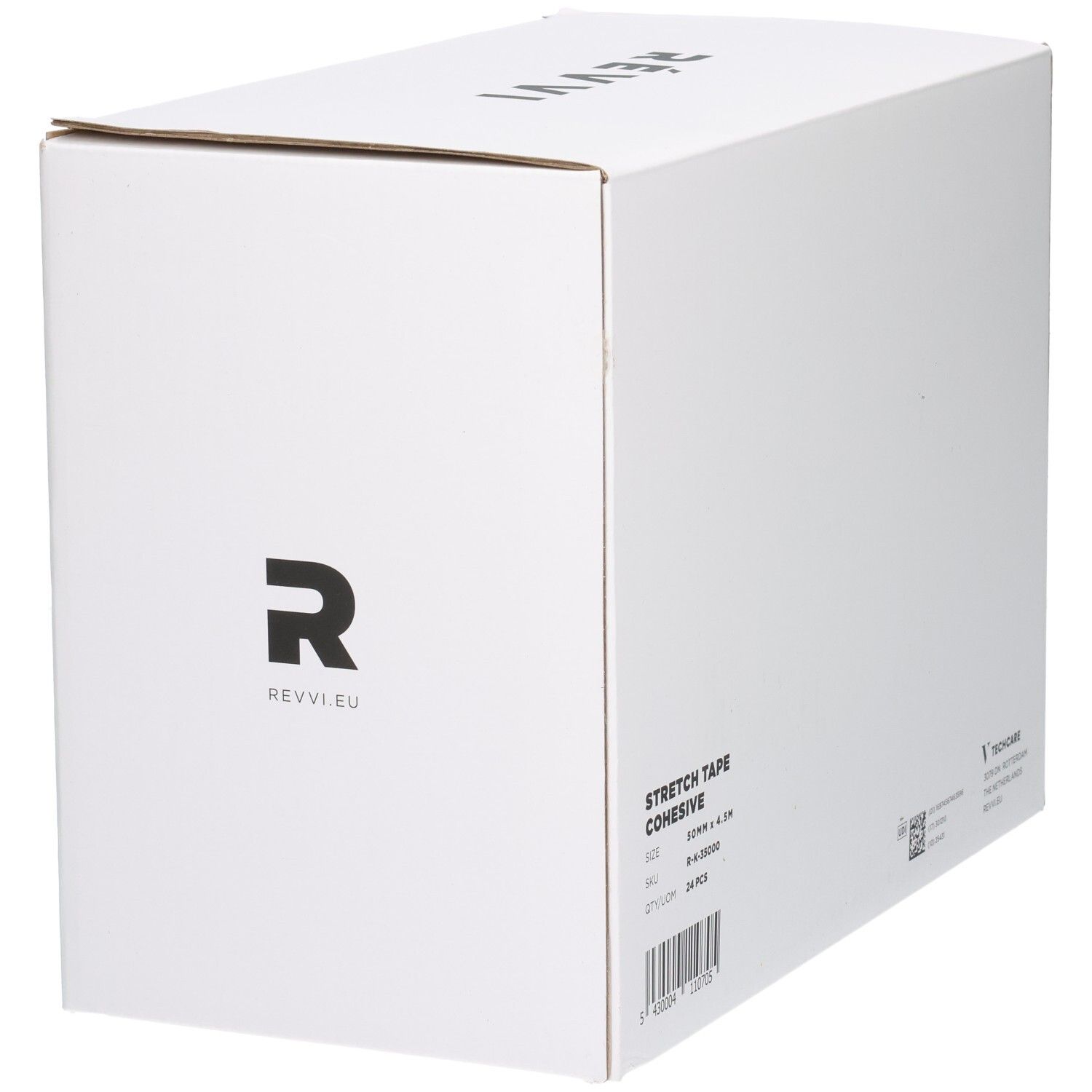 Vue latérale d'une boîte blanche avec logo noir 'R' et informations produit.