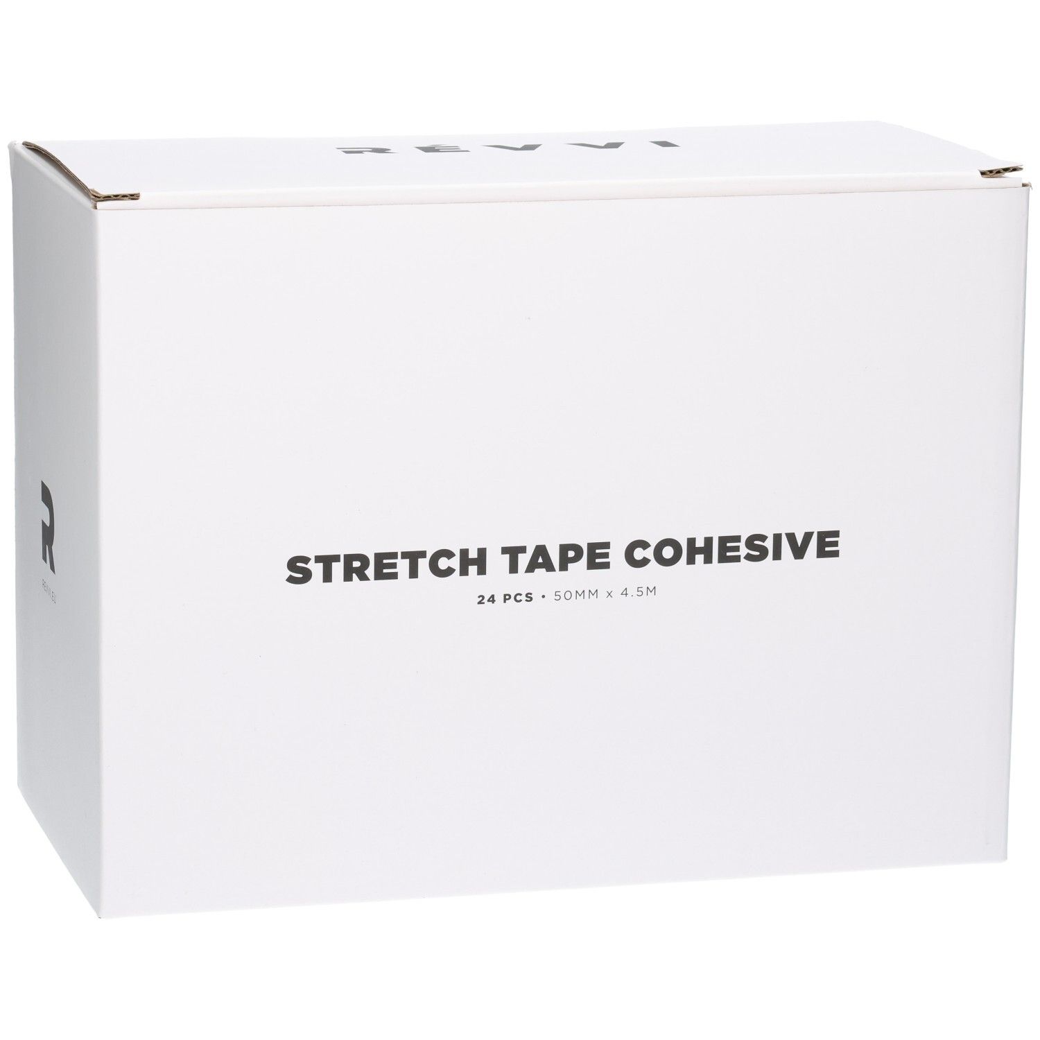 Boîte blanche avec inscription noire 'REVVI' et 'STRETCH TAPE COHESIVE'.