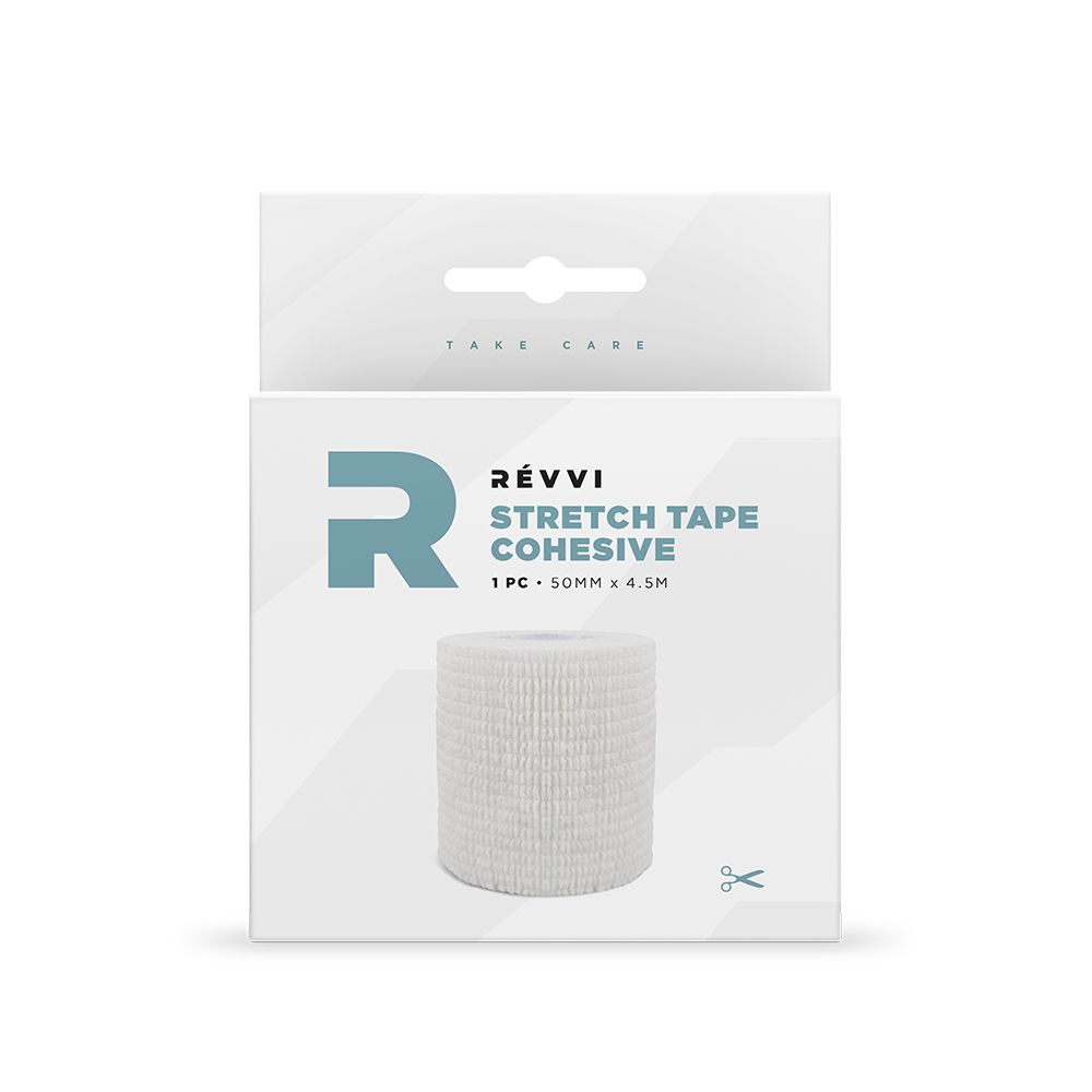Emballage avec Stretch Tape blanc, 50MM X 4.5M, et logo noir 'R'.