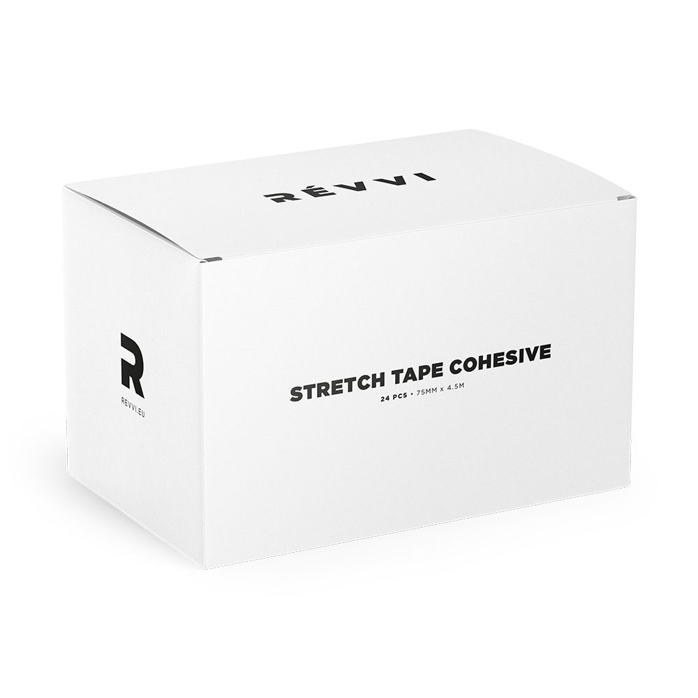 Boîte blanche avec le logo RÉVVI et l'inscription STRETCH TAPE COHESIVE. Emballage du produit.