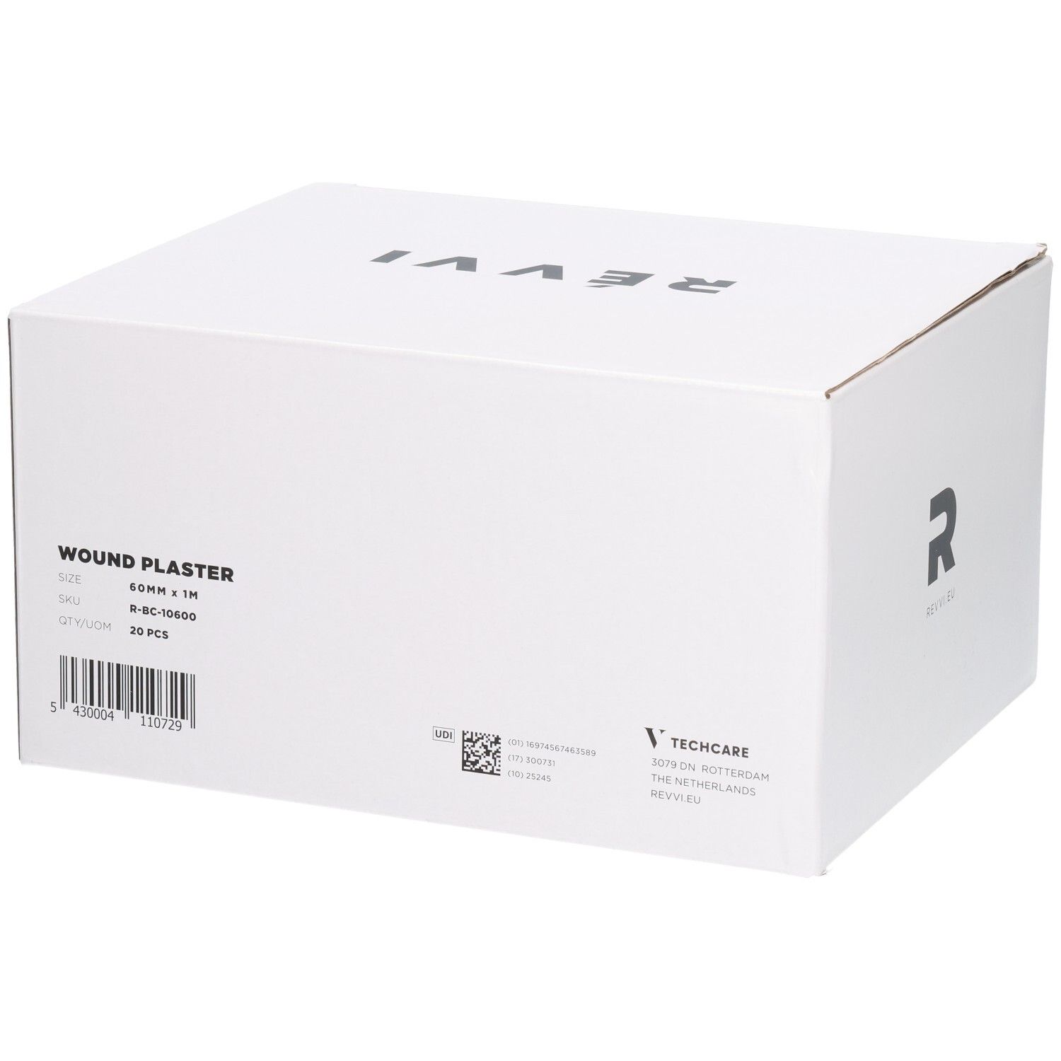 Boîte blanche avec l'inscription WOUND PLASTER, 20 pièces, 60mm x 1M. Sur le côté: Techcare, RÉVVI EU.