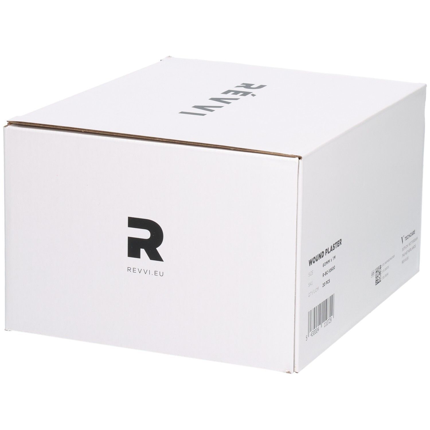 Boîte blanche avec l'inscription WOUND PLASTER, 20 pièces, 60mm x 1M. Sur le côté: RÉVVI EU.