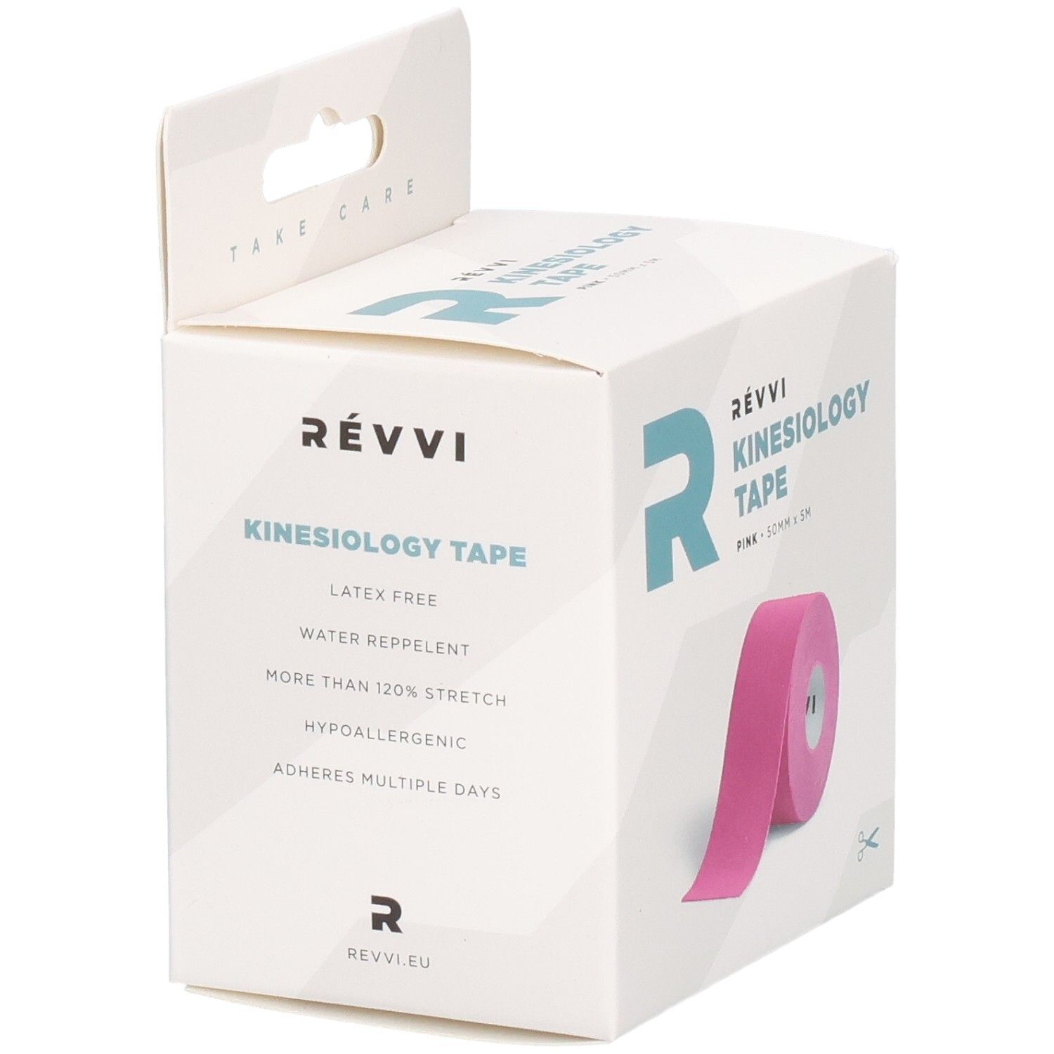 Ruban de kinésiologie RÉVVI Rose, rose. Emballage avec caractéristiques: sans latex, hydrofuge, extensible à plus de 120%.