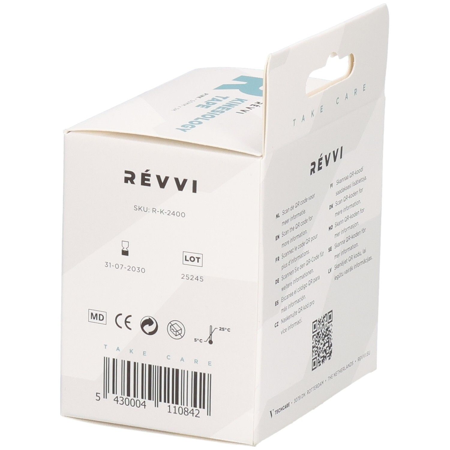 RÉVVI Ruban de kinésiologie Rose, dos de l'emballage. SKU, numéro de lot, date de péremption, marquage CE.