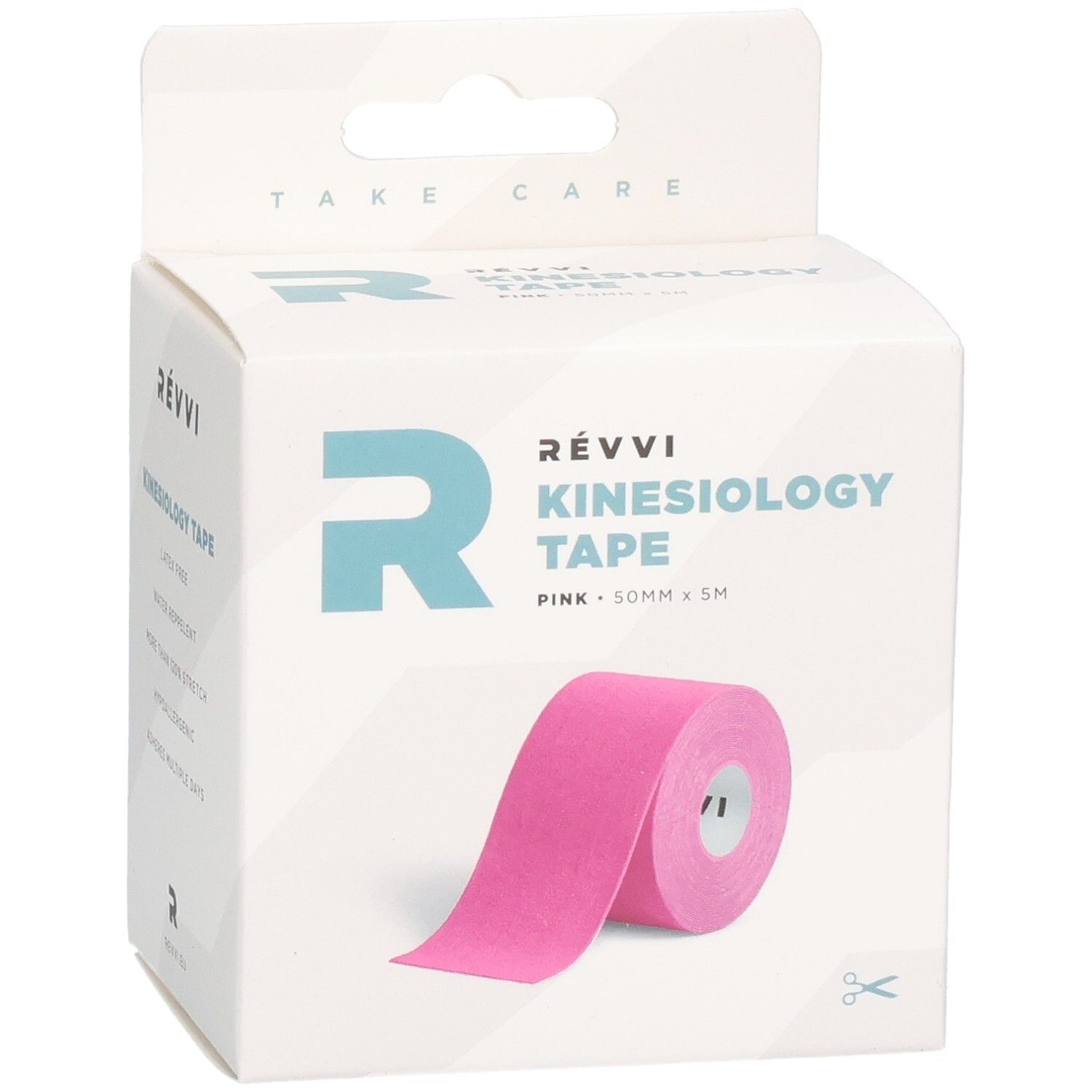 Ruban de kinésiologie RÉVVI Rose, rose. Rouleau dans emballage blanc. 50mm x 5m. Symbole ciseaux.