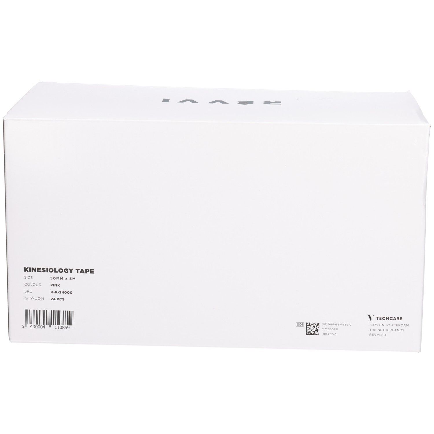Boîte blanche avec impression noire. Au dos: KINESIOLOGY TAPE, taille, couleur, numéro d'article, quantité. Code QR et logo Techcare.