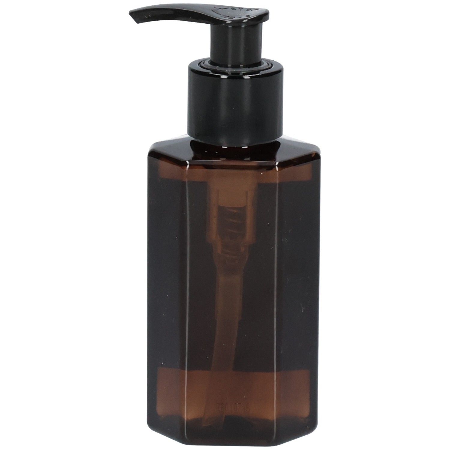 Flacon de savon hexagonal brun avec pompe noire.