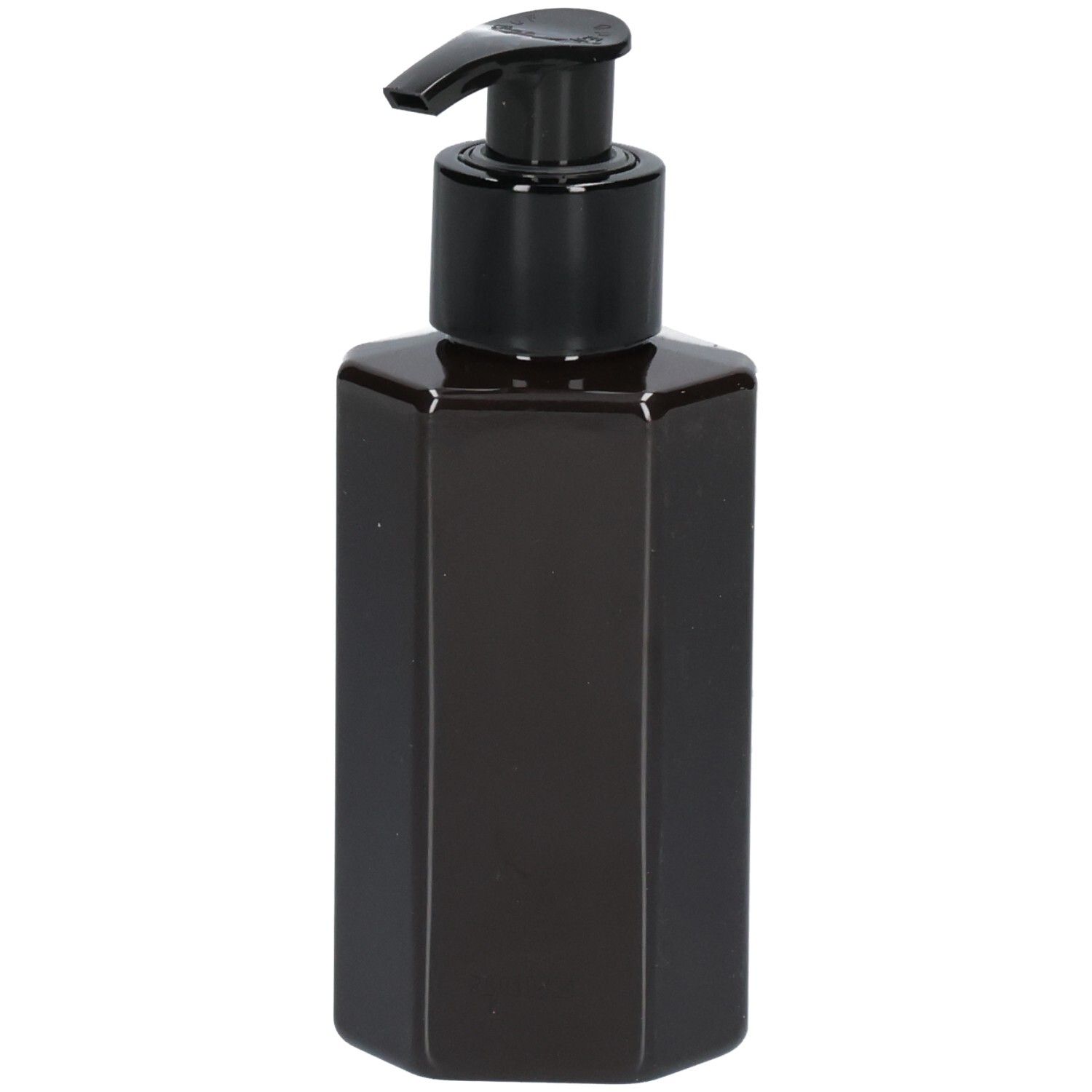 Flacon de lotion hexagonal brun avec pompe noire.
