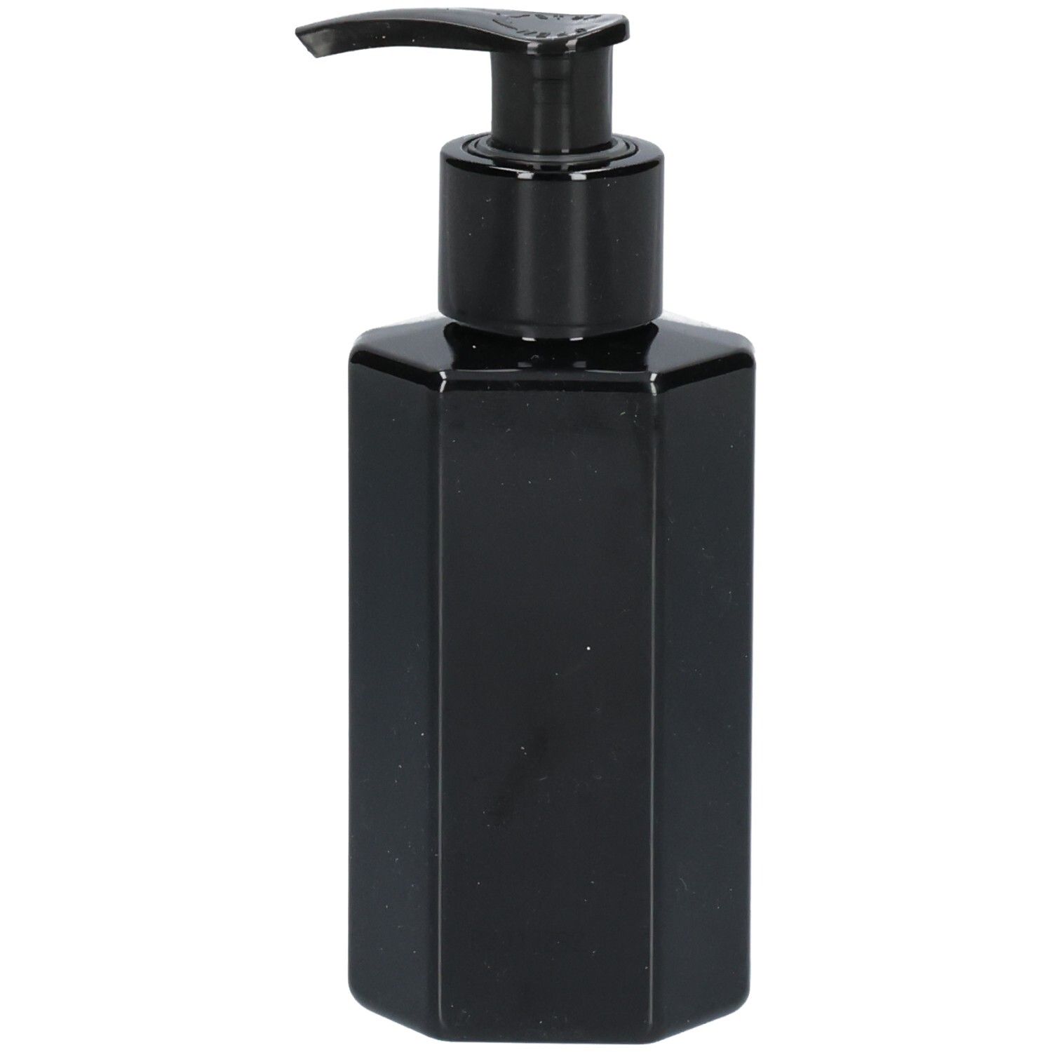 Flacon de savon noir avec pompe. Forme octogonale. Sans étiquette.