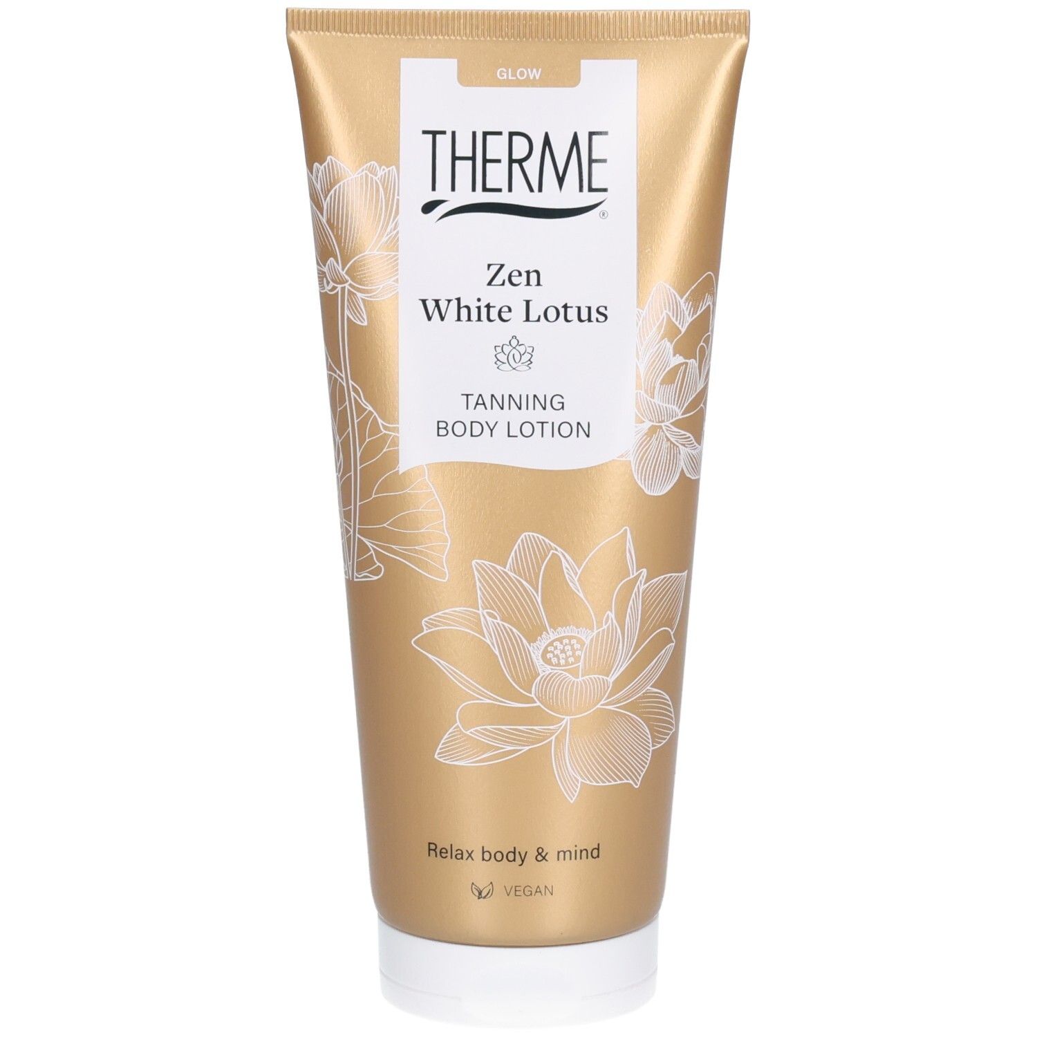 Tube dorée avec logo THERME et nom du produit. Illustrations de fleurs de lotus blanches. Texte : Tanning Body Lotion.