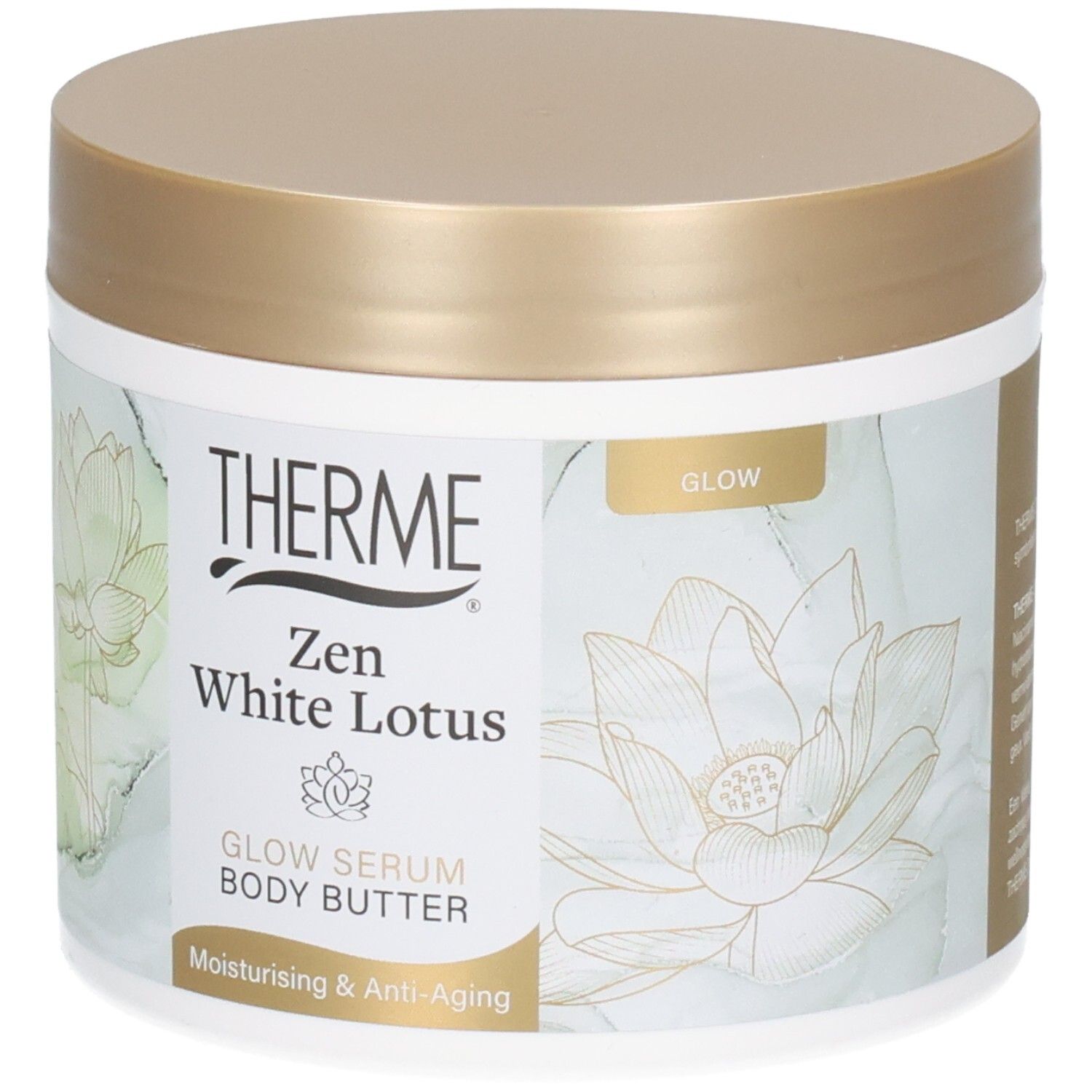 Pot blanc avec couvercle doré. Inscription : THERME, Zen White Lotus, Glow Serum Body Butter. Motif de fleur de lotus.