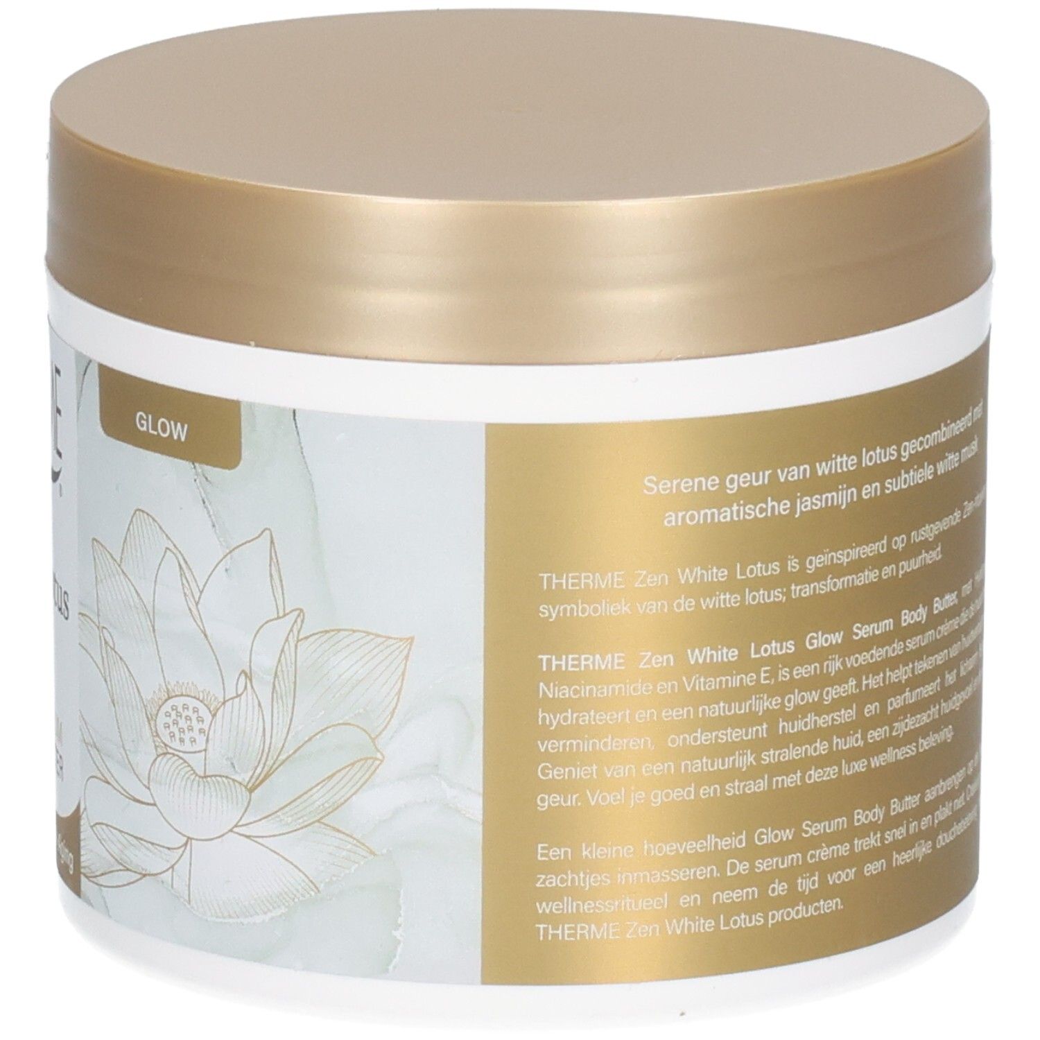 Dos du pot blanc. Texte multilingue. Motif de fleur de lotus. Couvercle doré.