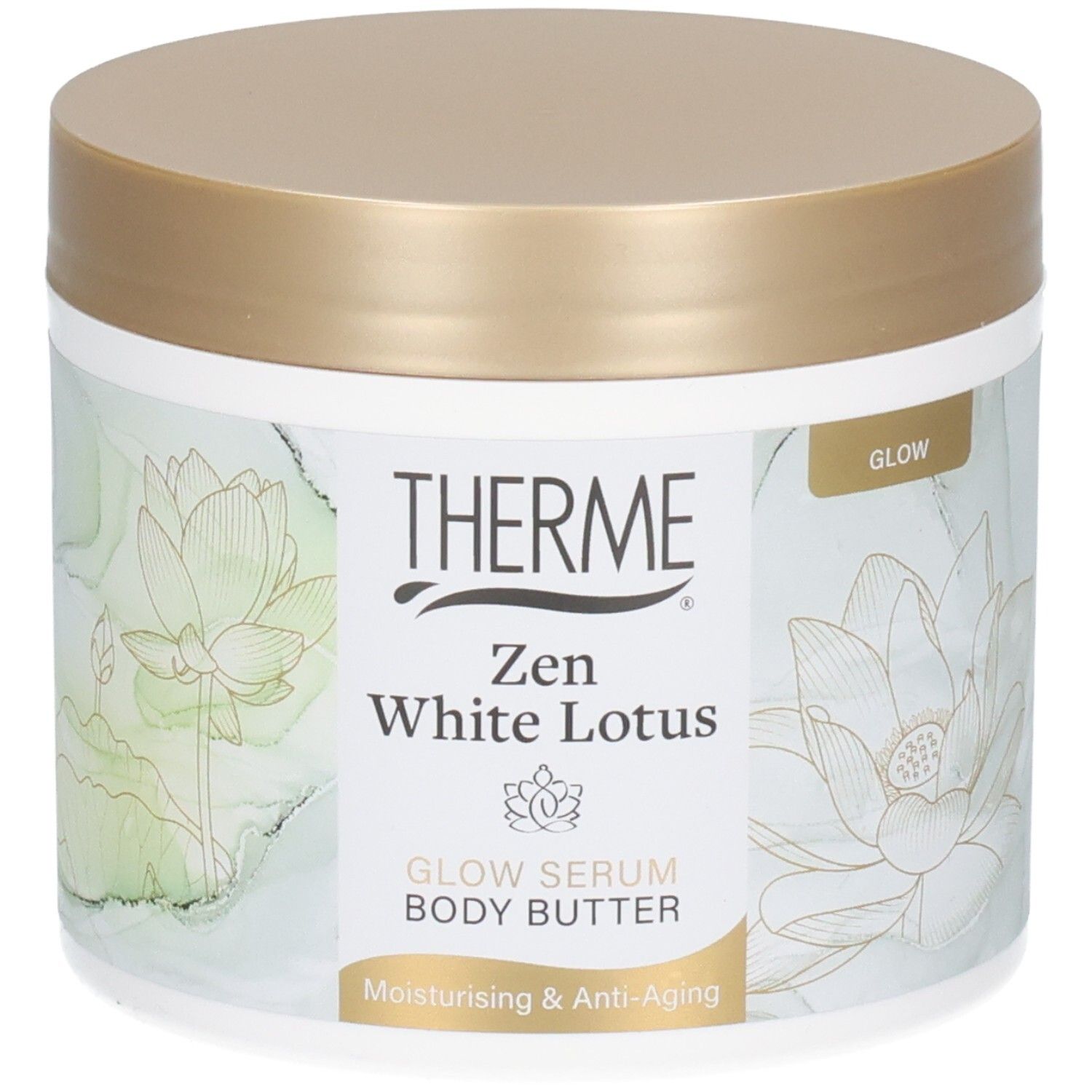 Pot blanc avec couvercle doré. Inscription : THERME, Zen White Lotus, Glow Serum Body Butter. Motif de fleur de lotus.