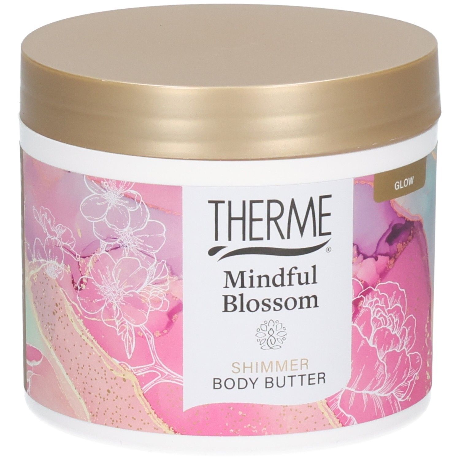 Pot rond avec couvercle doré. Étiquette avec THERME, Mindful Blossom, Shimmer Body Butter et motif floral.