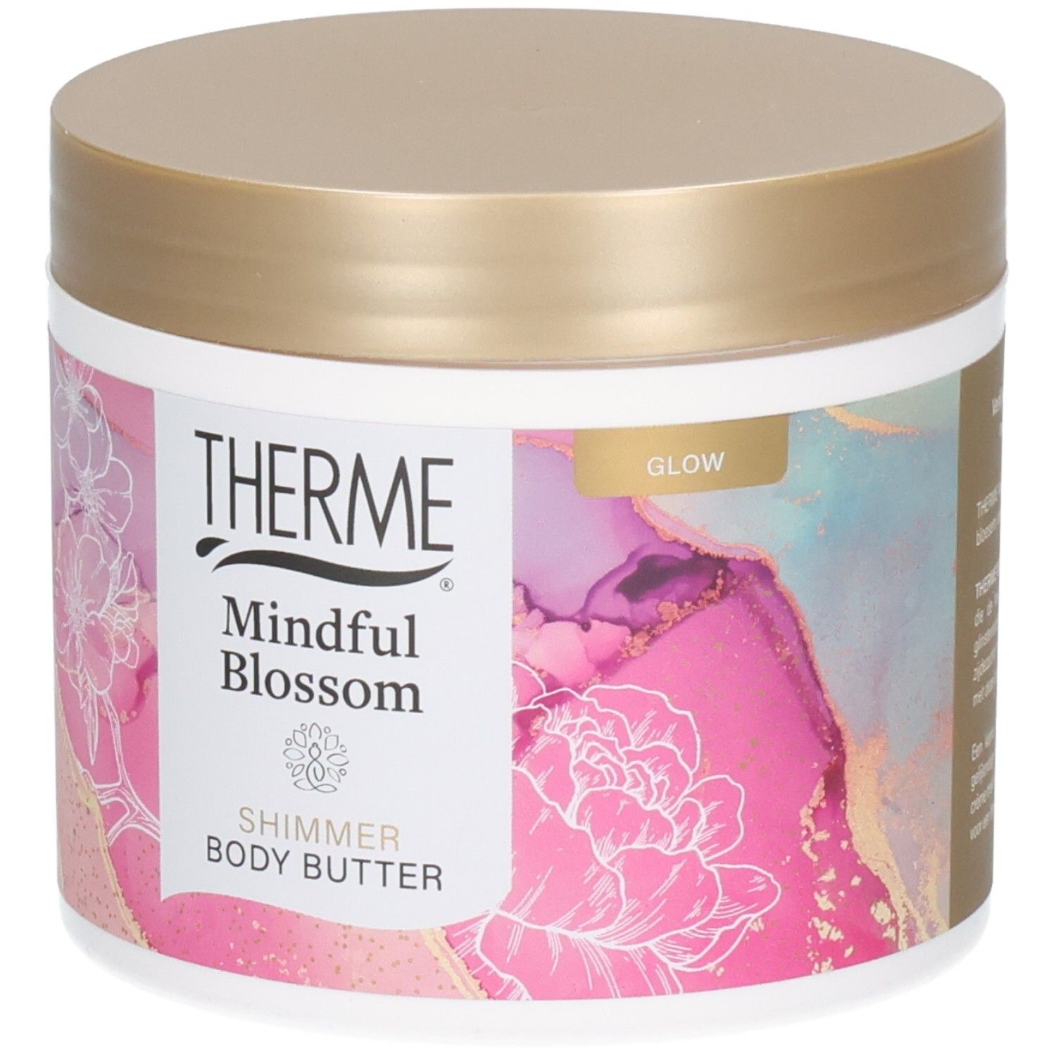 Pot rond avec couvercle doré. Étiquette avec THERME, Mindful Blossom, Shimmer Body Butter et motif floral.