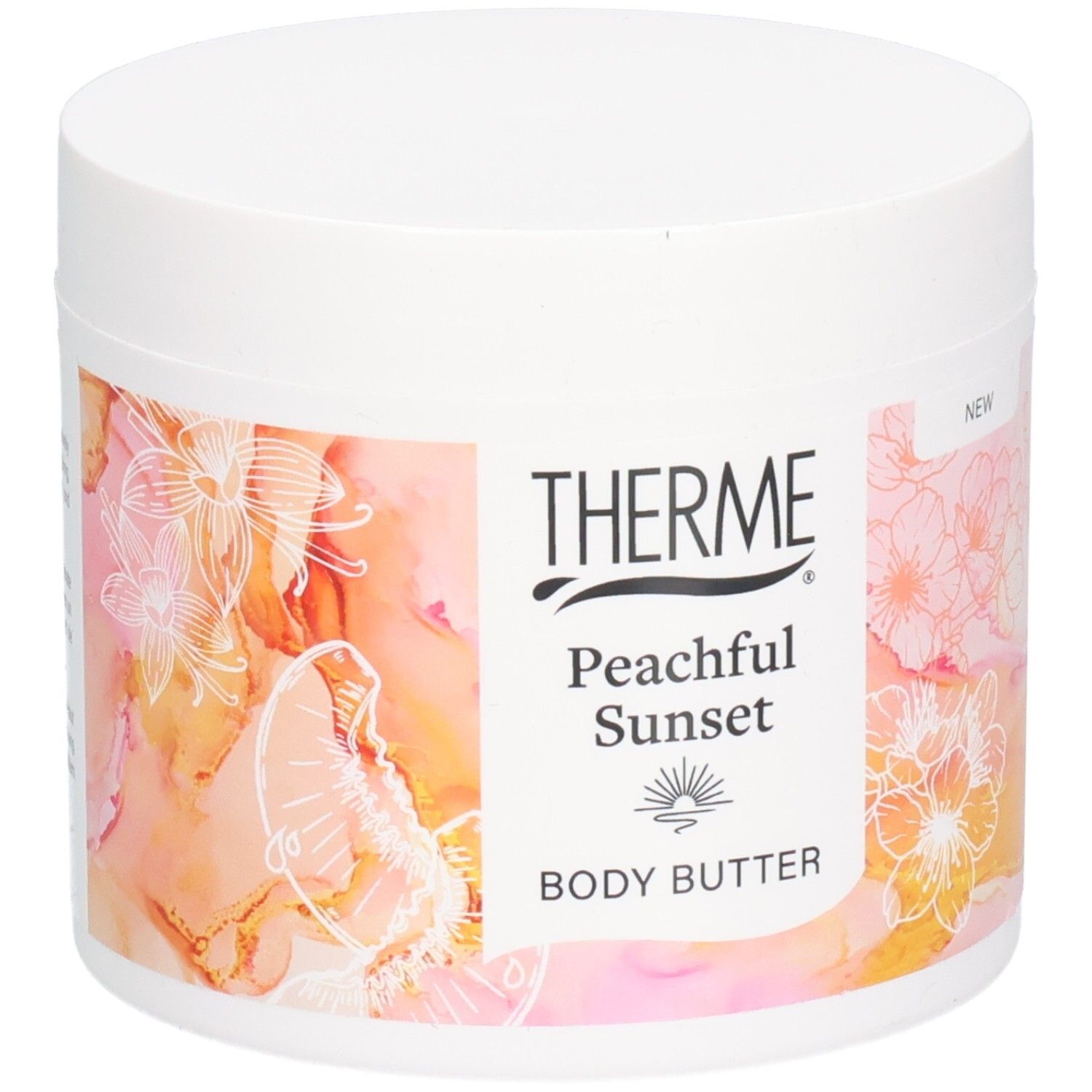 Pot blanc de beurre corporel Therme Peachful Sunset. Étiquette avec motif floral et nom du produit.