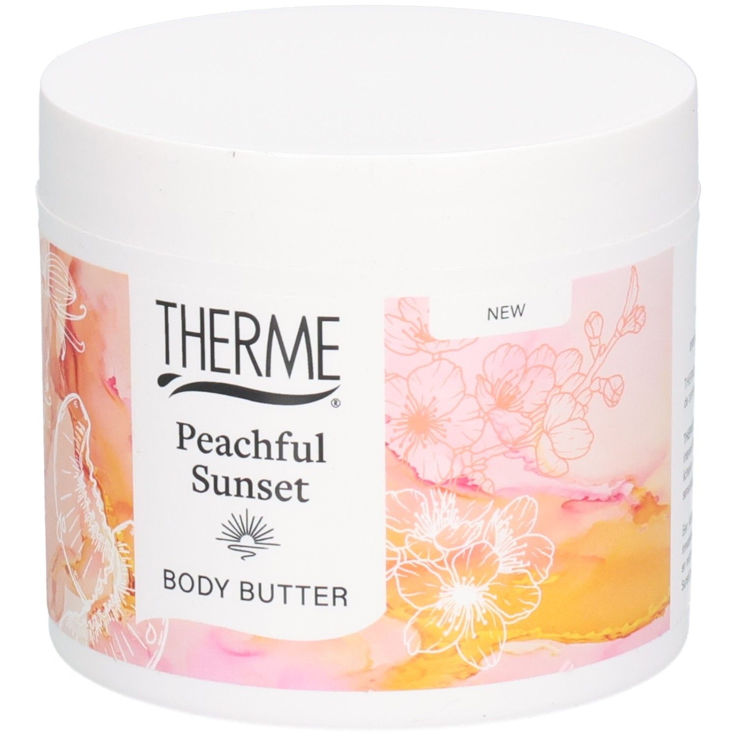 Pot blanc de beurre corporel Therme Peachful Sunset. Étiquette avec motif floral et nom du produit.