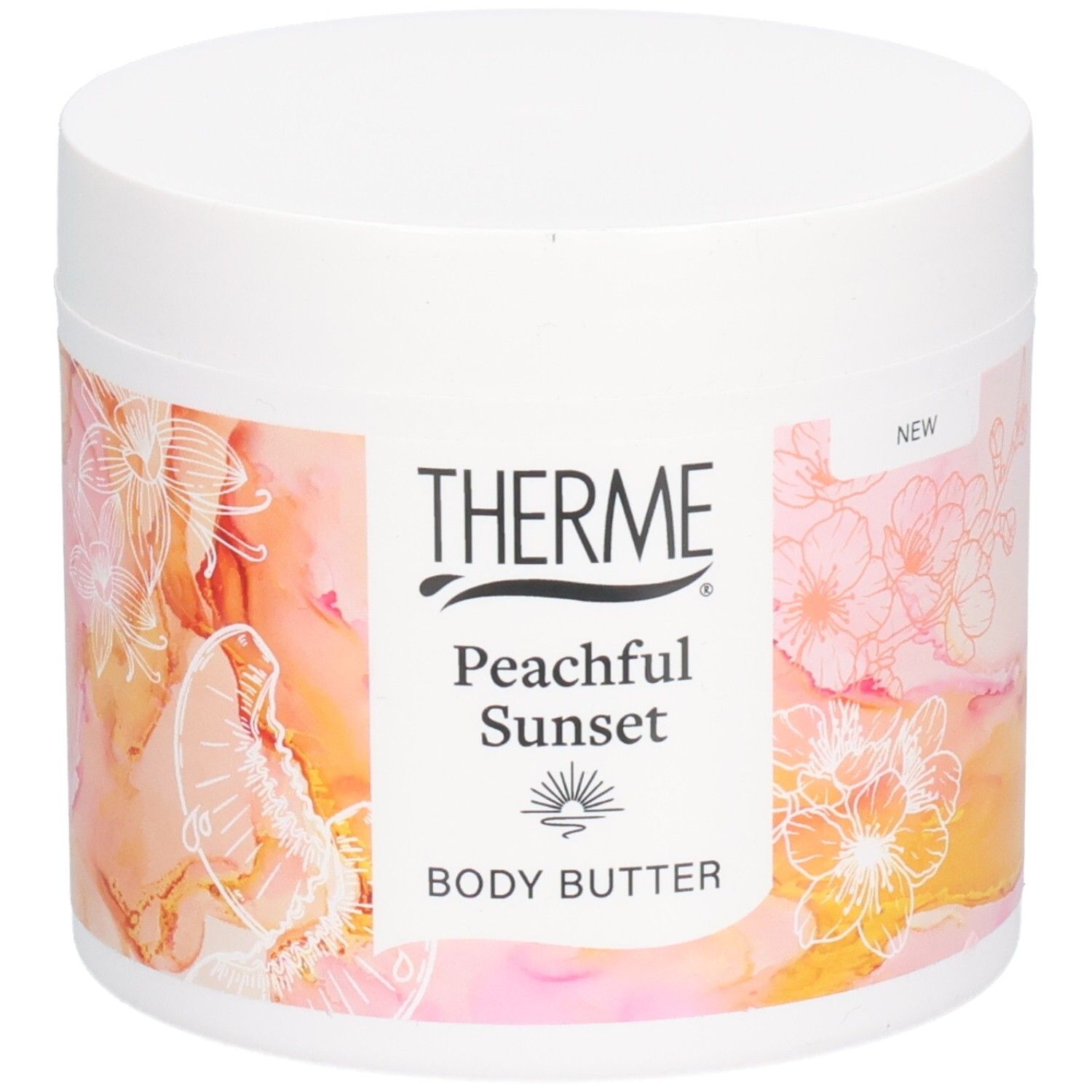 Pot blanc de beurre corporel Therme Peachful Sunset. Étiquette avec motif floral et nom du produit.