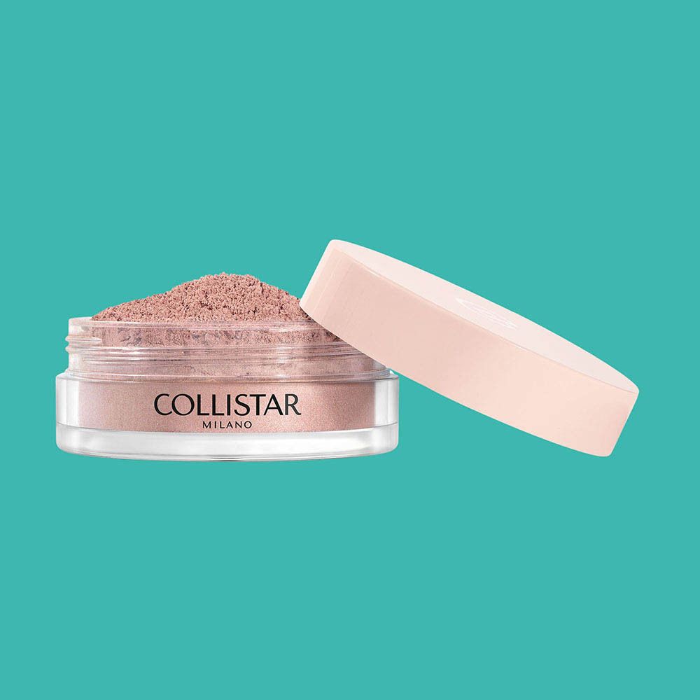 Collistar Impeccabile Poudre Libre, 02 Luminous. Pot ouvert avec poudre libre et couvercle rose.