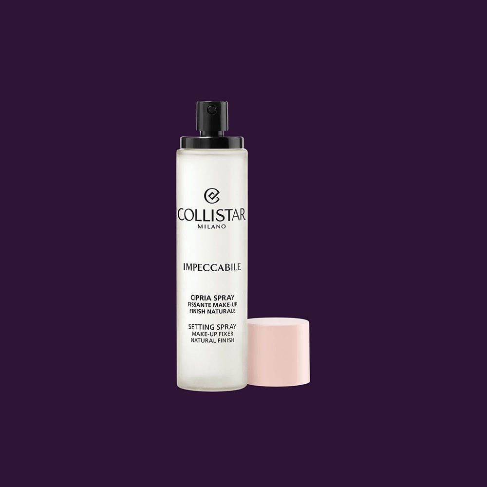 Flacon avec vaporisateur noir et bouchon rose. Logo Collistar et nom du produit.