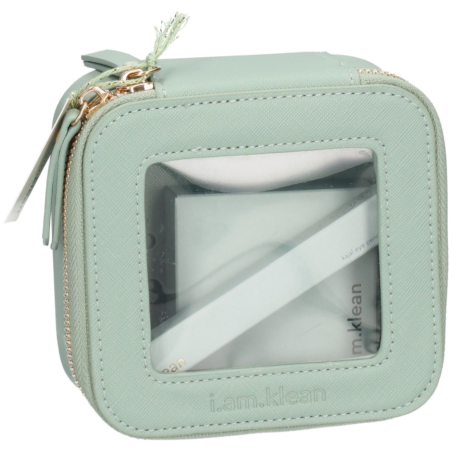 Trousse de toilette verte avec fenêtre transparente, fermeture éclair et logo. Contient un produit blanc.