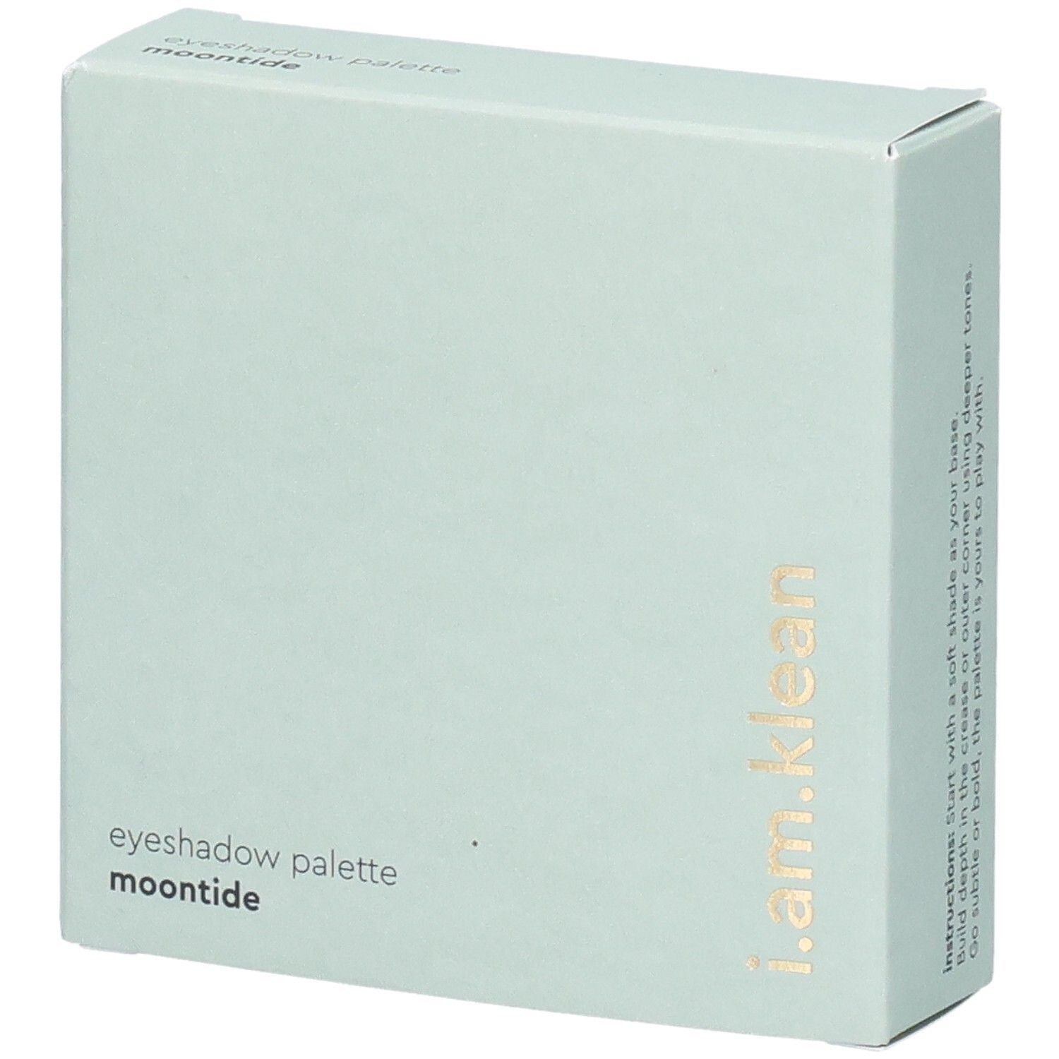 Emballage vert clair. Inscription : i.am.klean, Eyeshadow Palette Moontide. Texte doré.