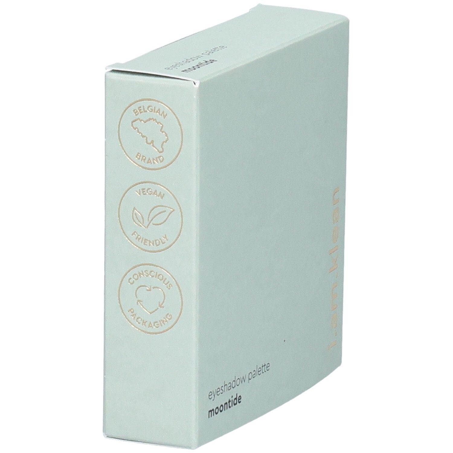 Emballage vert clair. Logos : Belgian Brand, Vegan Friendly, Conscious Packaging. Logos dorés.