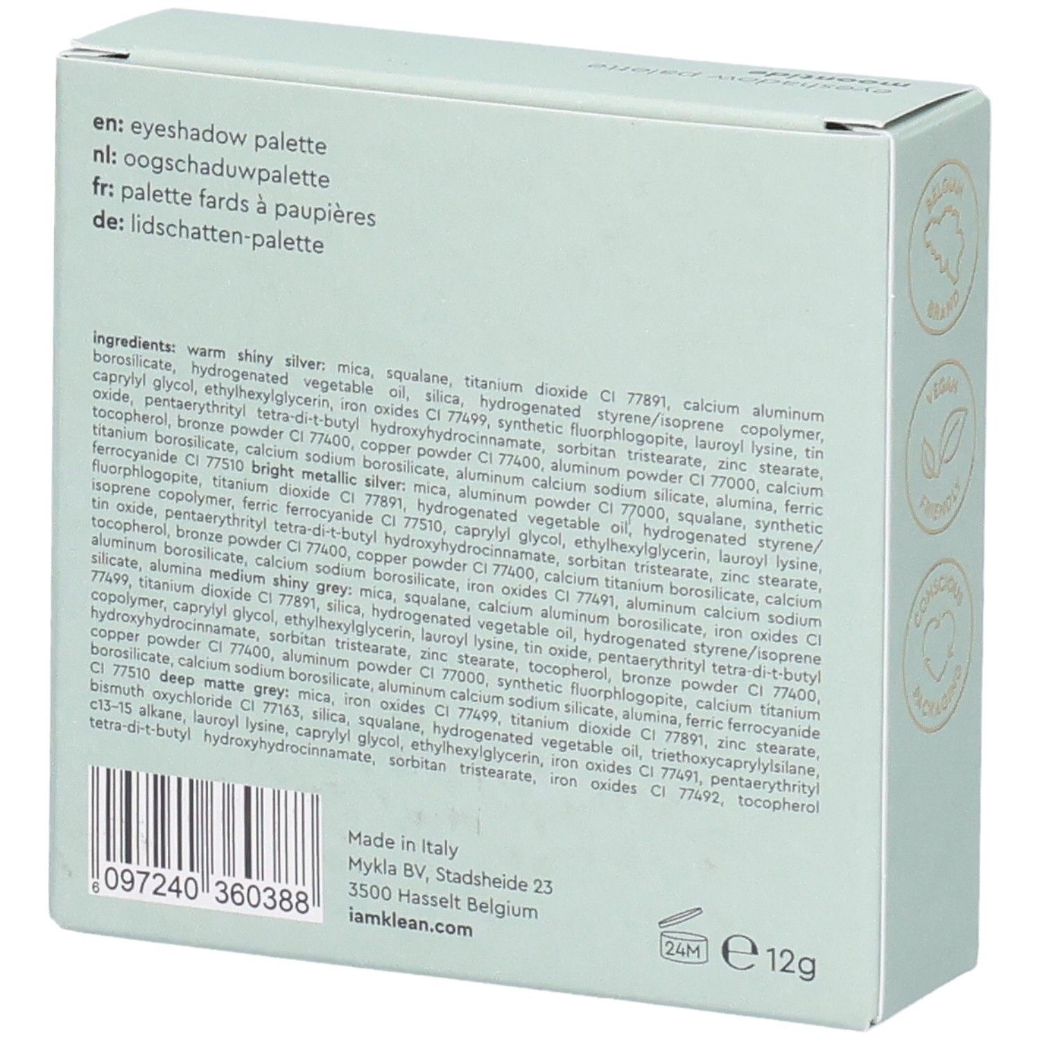 Emballage vert clair. Texte : Ingrédients, Made in Belgium, 12g. Texte noir. Logos.