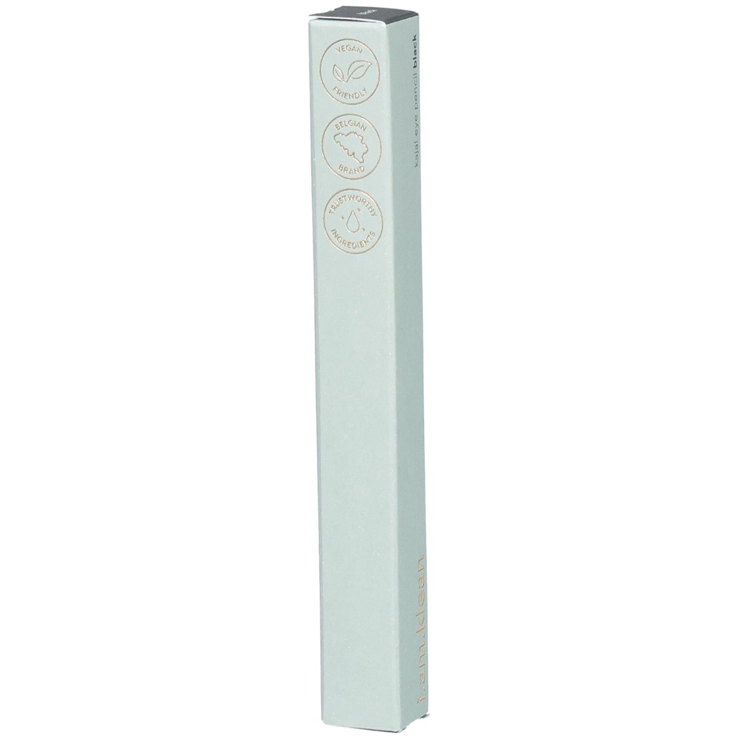 Emballage Kajal Eye Pencil Black. Boîte vert clair avec logos: Vegan, Cruelty Free, Plastic Free. Marque i.am.klean.